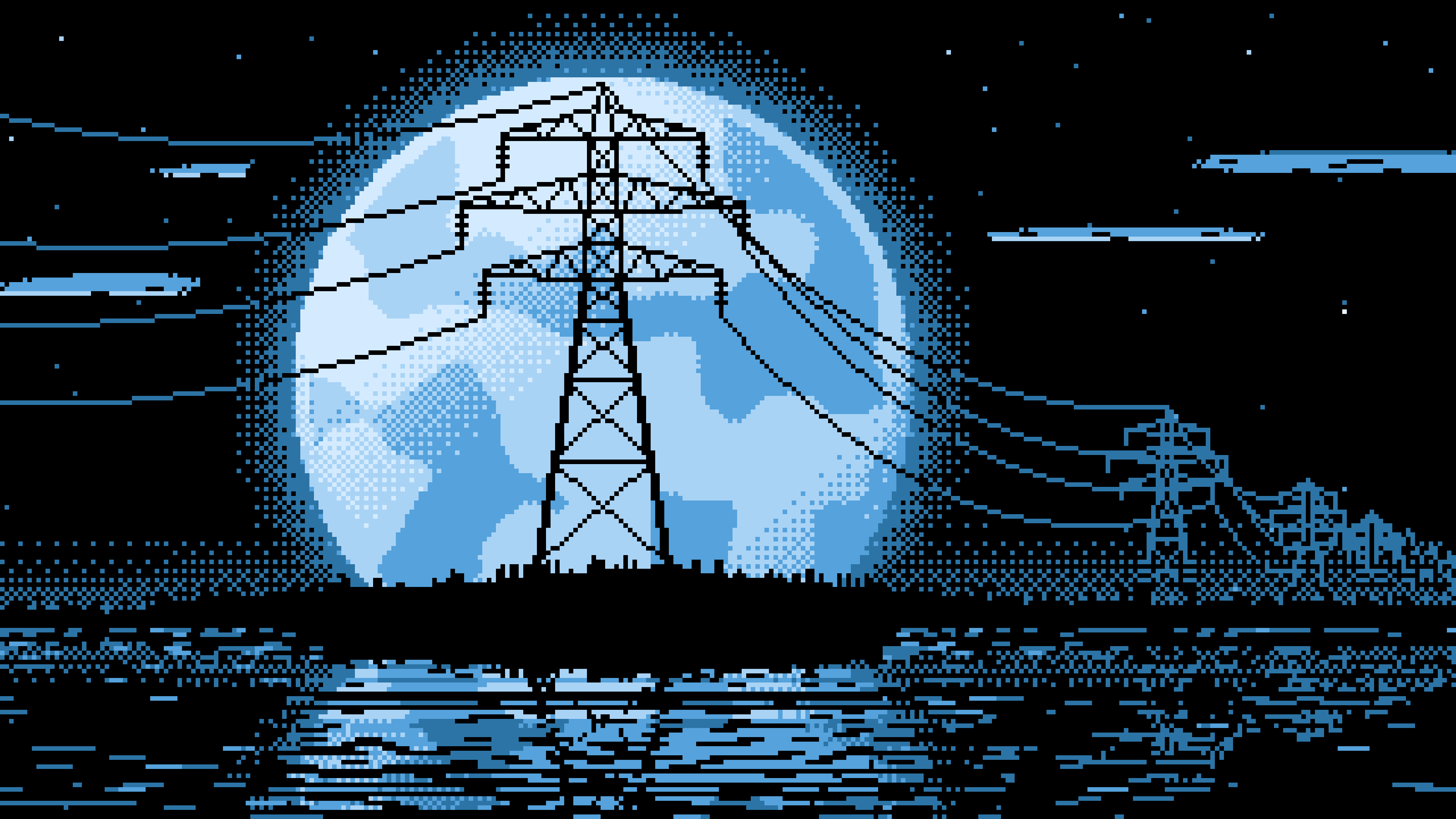 Light Blue Pixel Art Electricity Pylon and Full Moon desktop wallpaper in 4K