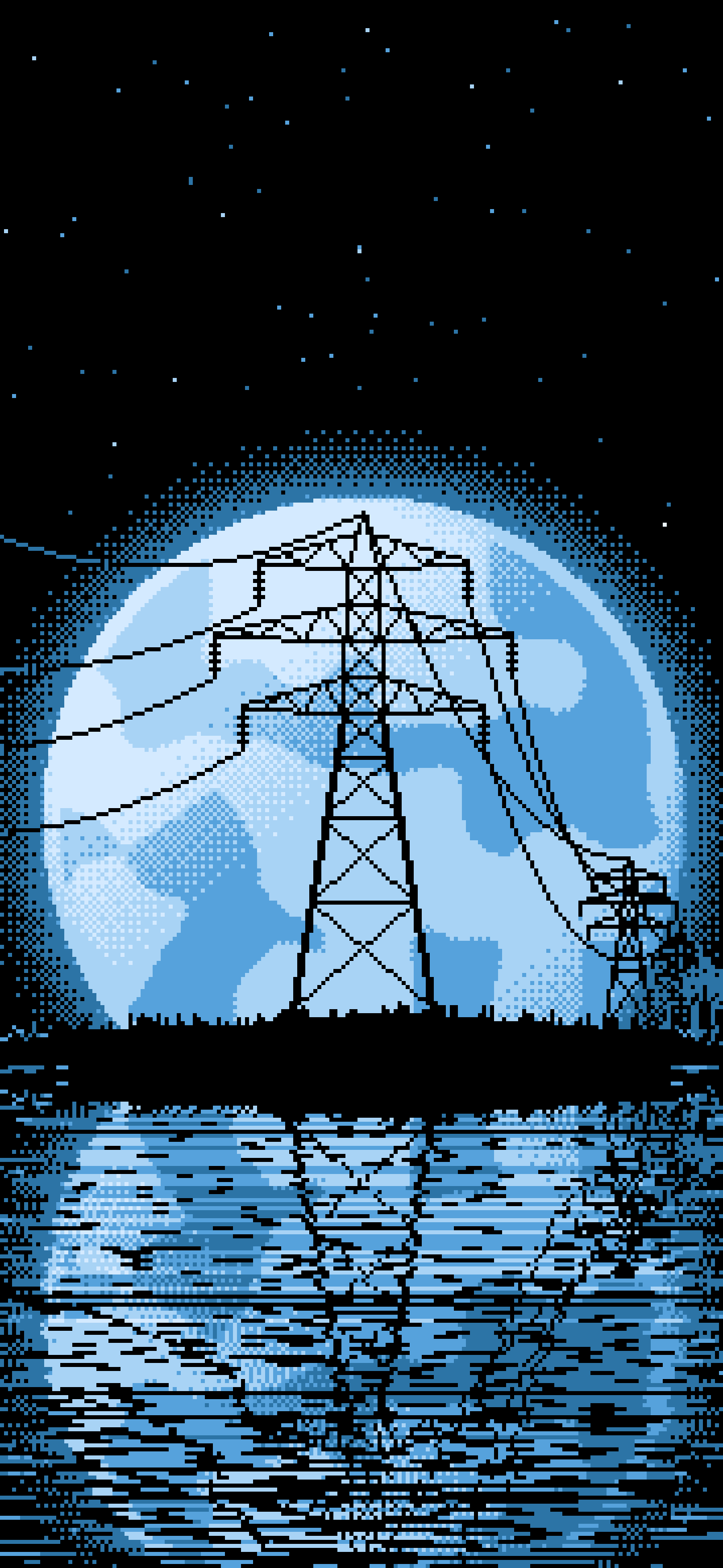 Light Blue Pixel Art Electricity Pylon and Full Moon wallpaper for iPhone and Android
