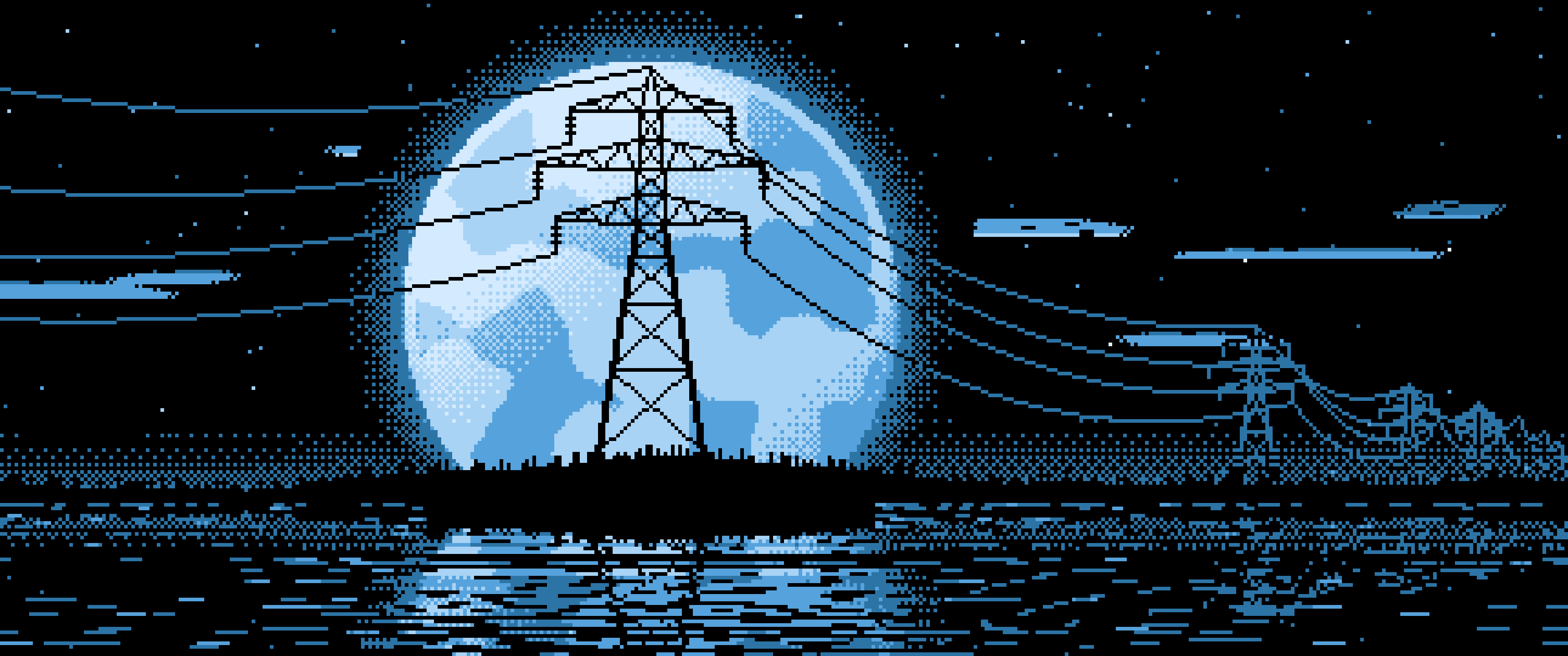 Light Blue Pixel Art Electricity Pylon and Full Moon ultrawide wallpaper, 3440 × 1440