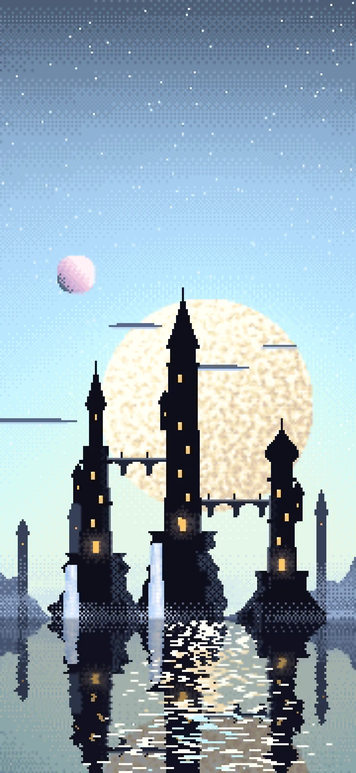 Light Blue Pixel Art Fantasy City wallpaper for iPhone and Android