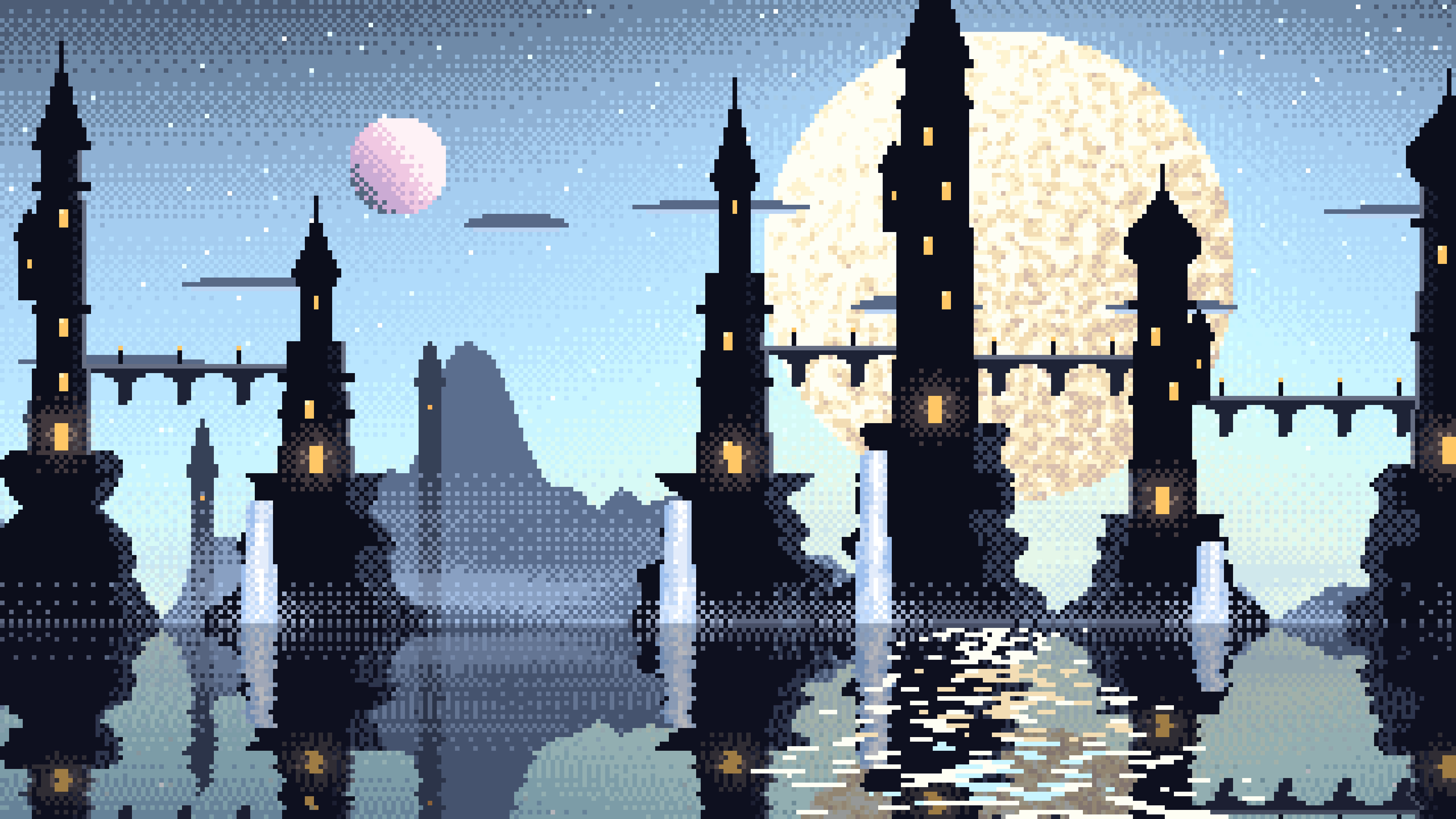Light Blue Pixel Art Fantasy City desktop wallpaper in 4K
