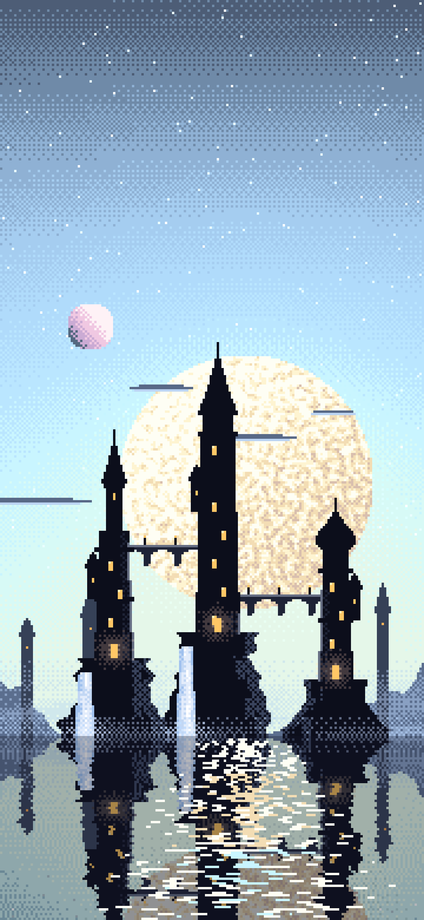 Light Blue Pixel Art Fantasy City wallpaper for iPhone and Android