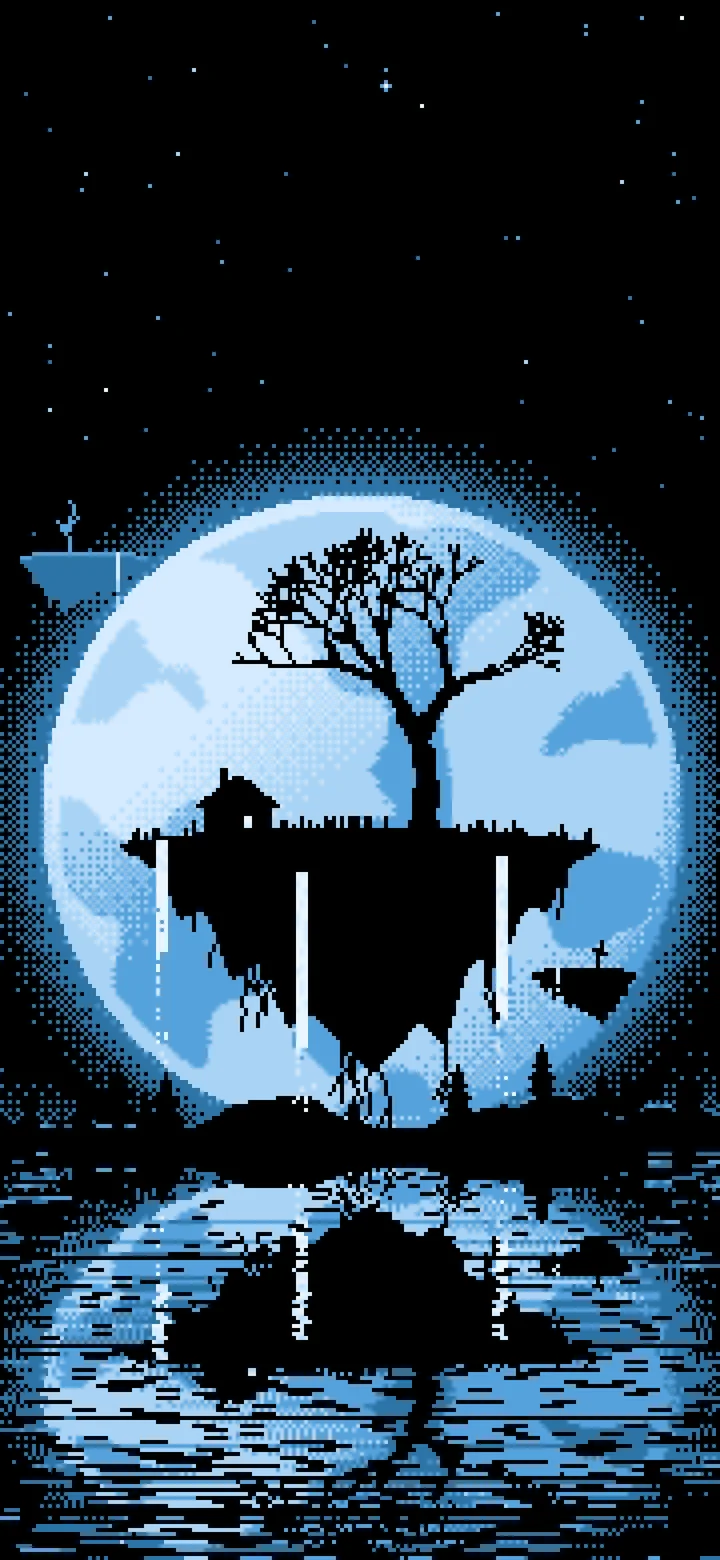 Light Blue Pixel Art Fantasy Floating Island and Full Moon wallpaper for iPhone and Android