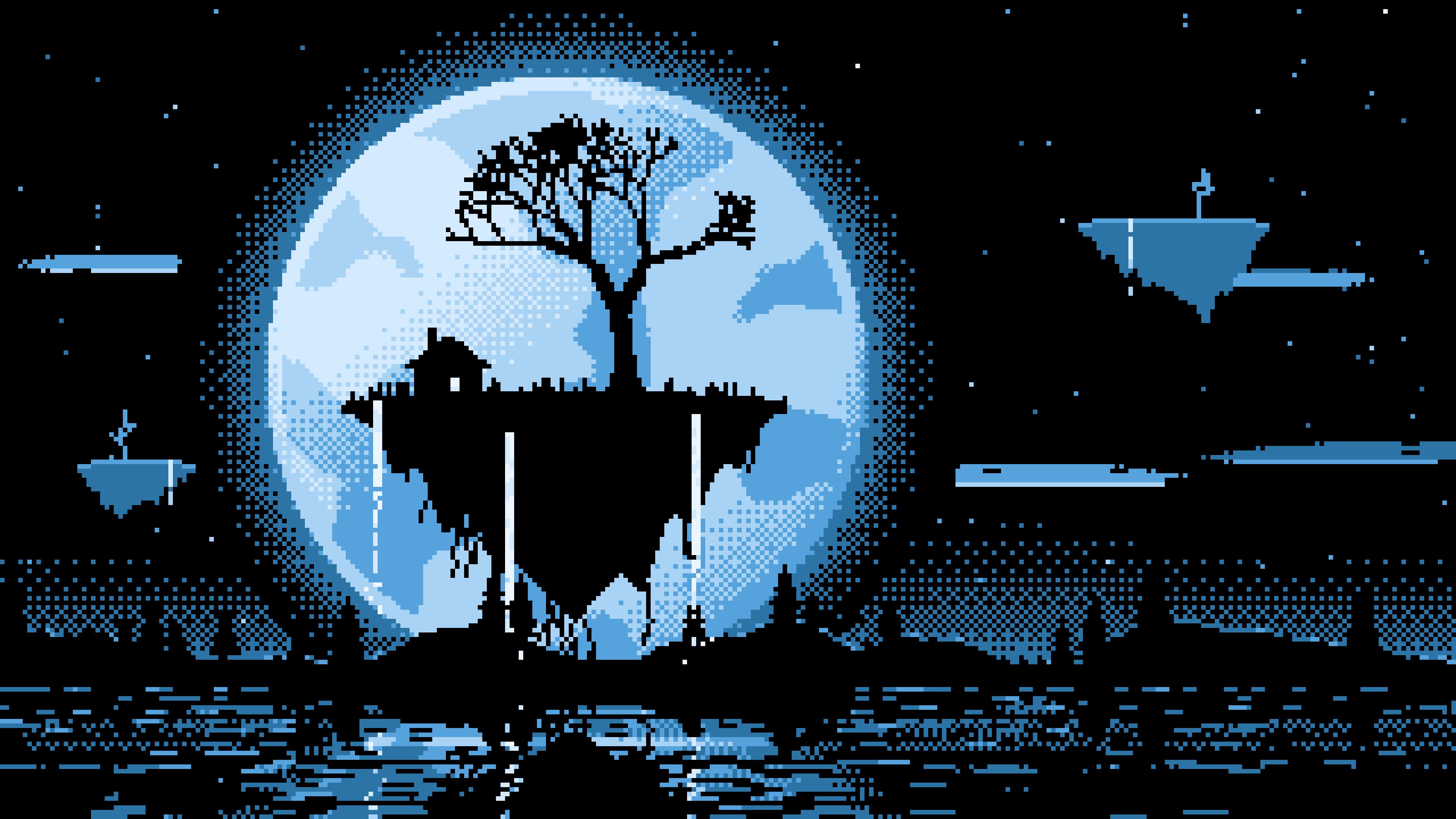 Light Blue Pixel Art Fantasy Floating Island and Full Moon desktop wallpaper in 4K