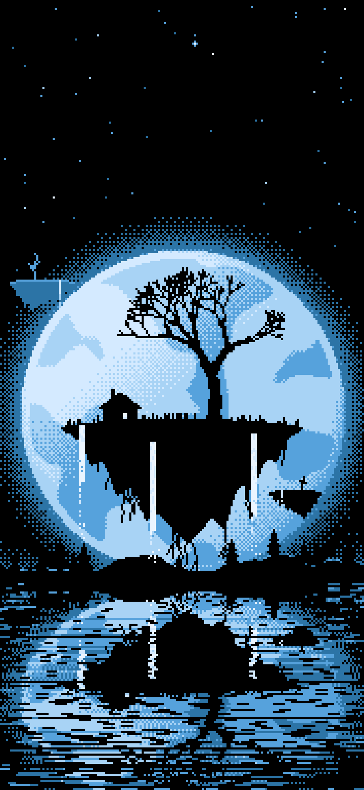 Light Blue Pixel Art Fantasy Floating Island and Full Moon wallpaper for iPhone and Android