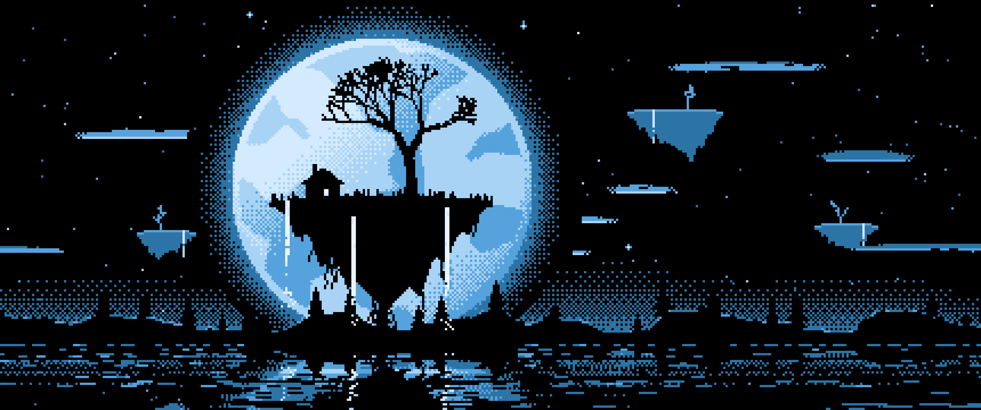 Light Blue Pixel Art Fantasy Floating Island and Full Moon ultrawide wallpaper, 3440 × 1440