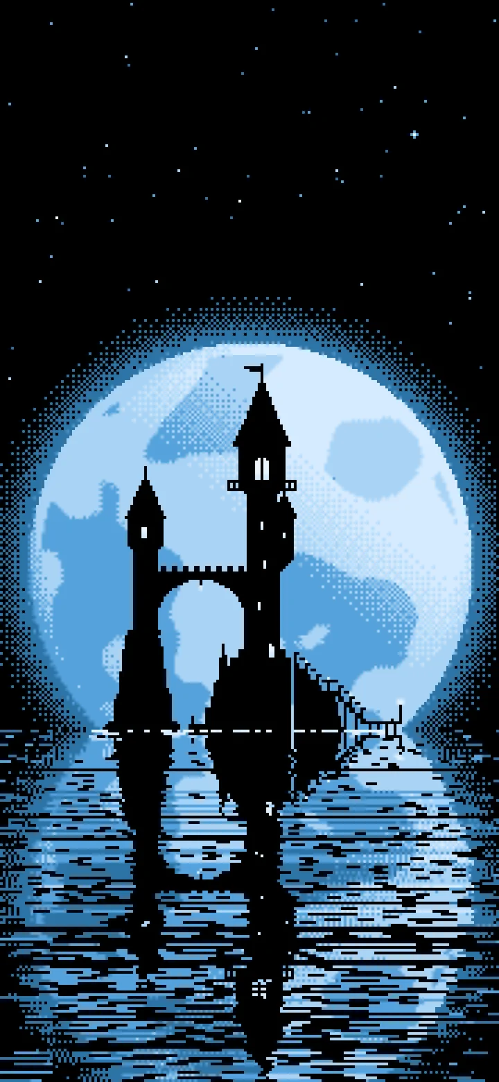 Light Blue Pixel Art Fantasy Wizard Tower and Full Moon wallpaper for iPhone and Android