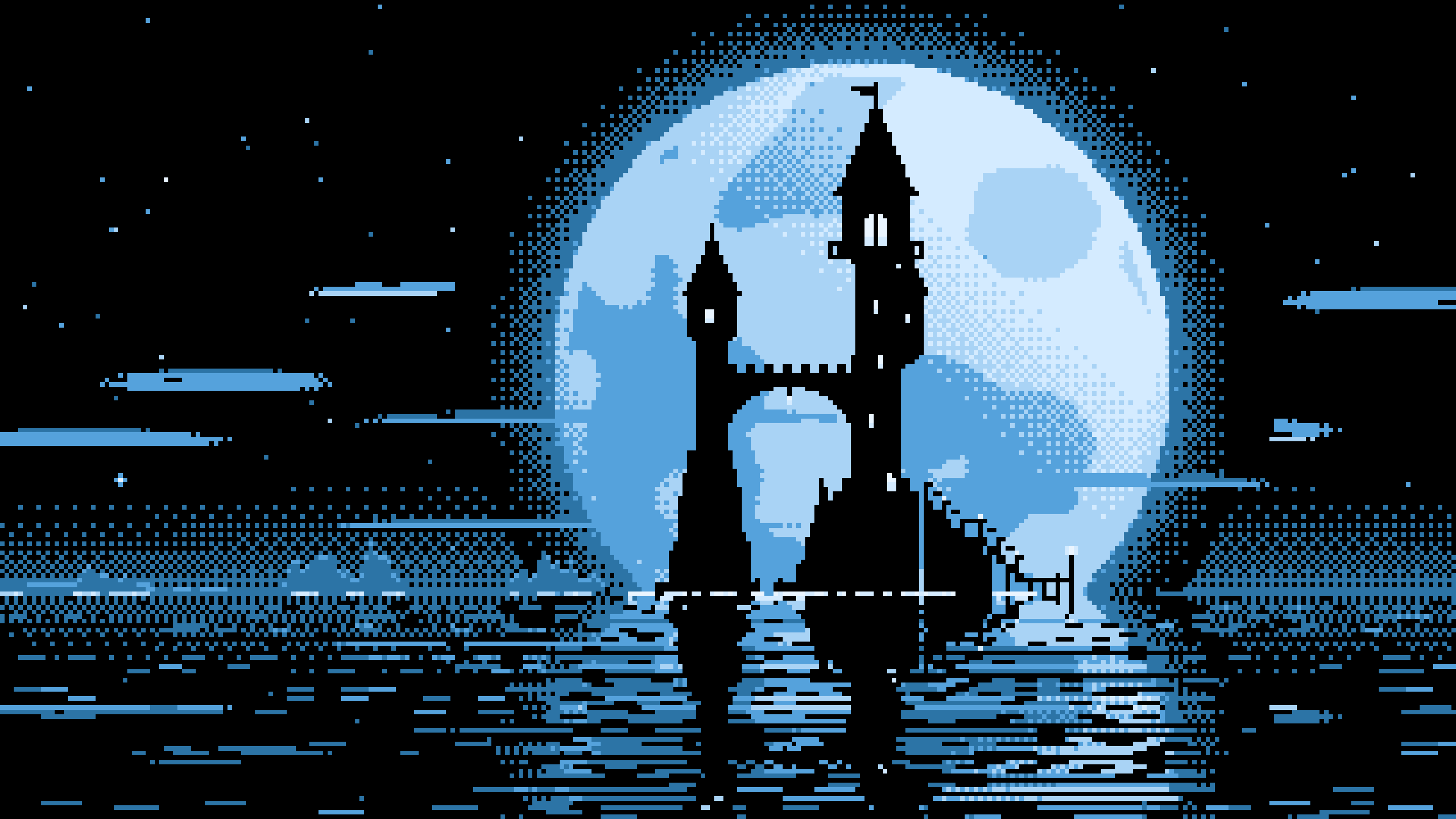 Light Blue Pixel Art Fantasy Wizard Tower and Full Moon desktop wallpaper in 4K