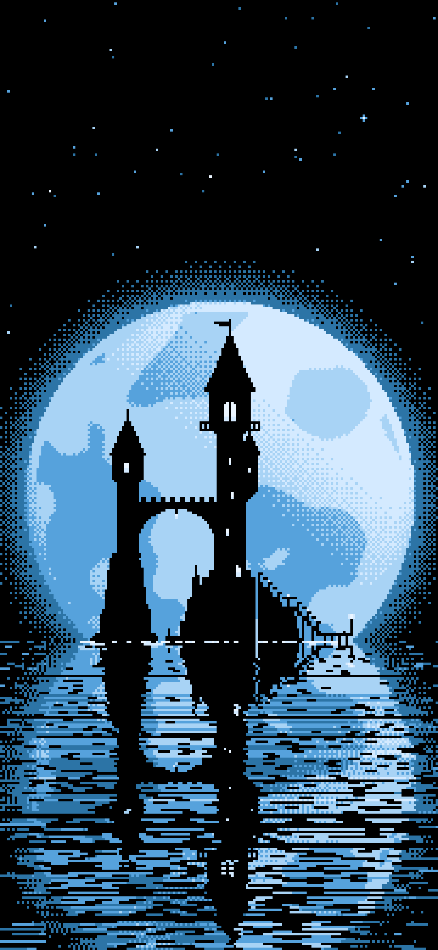 Light Blue Pixel Art Fantasy Wizard Tower and Full Moon wallpaper for iPhone and Android