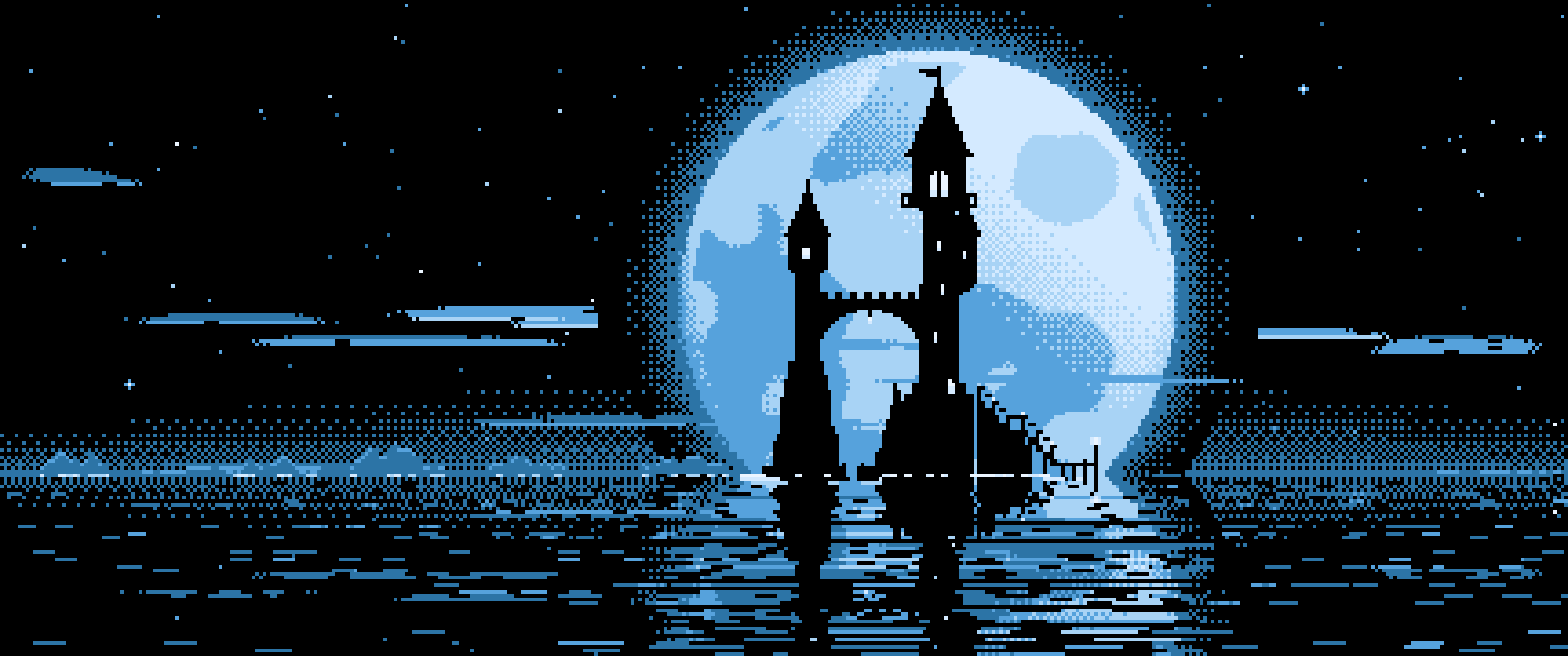 Light Blue Pixel Art Fantasy Wizard Tower and Full Moon ultrawide wallpaper, 3440 × 1440