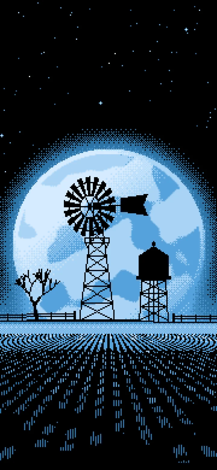 Light Blue Pixel Art Farm Windmill and Harvest Moon wallpaper for iPhone and Android