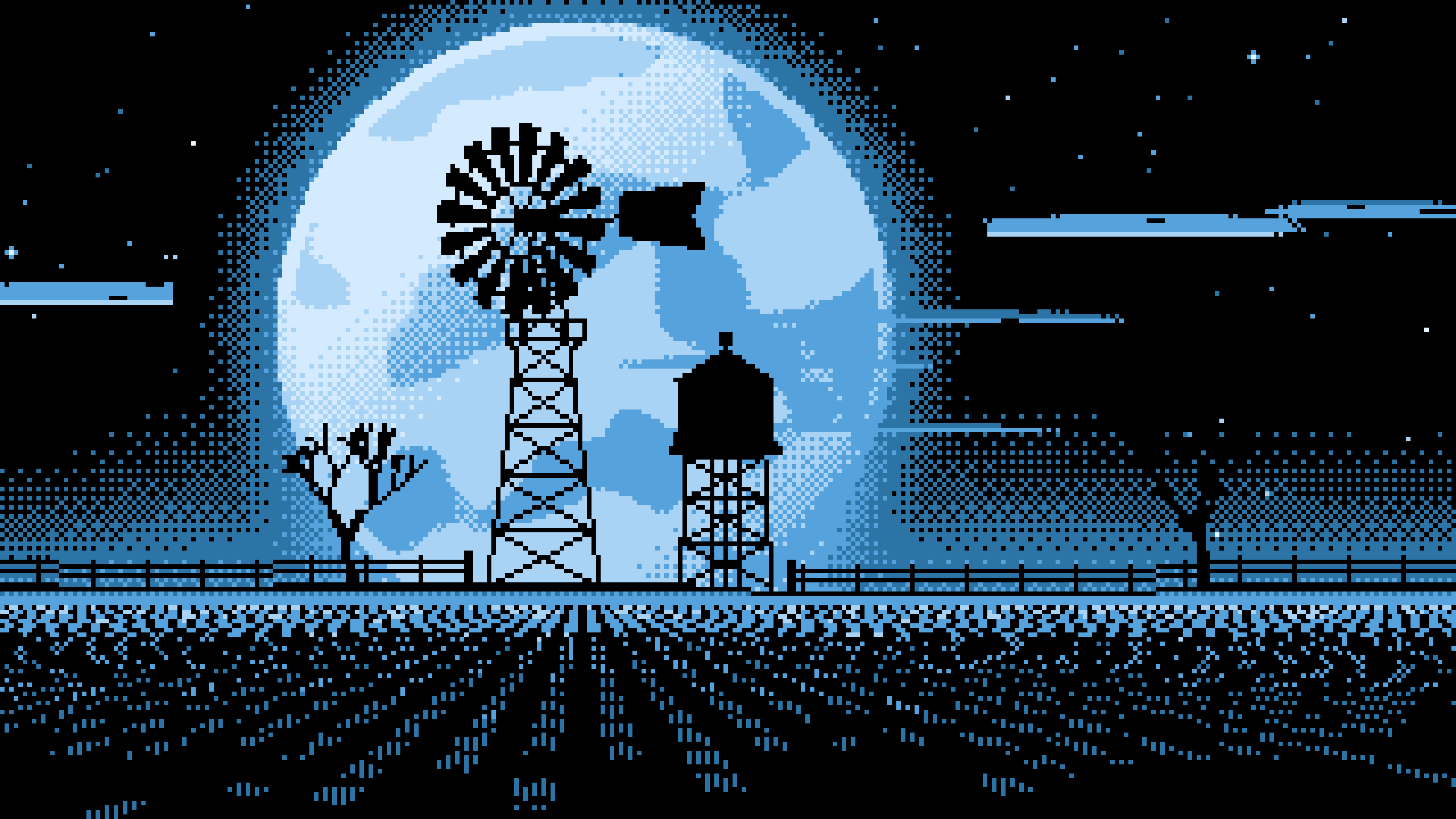 Light Blue Pixel Art Farm Windmill and Harvest Moon desktop wallpaper in 4K