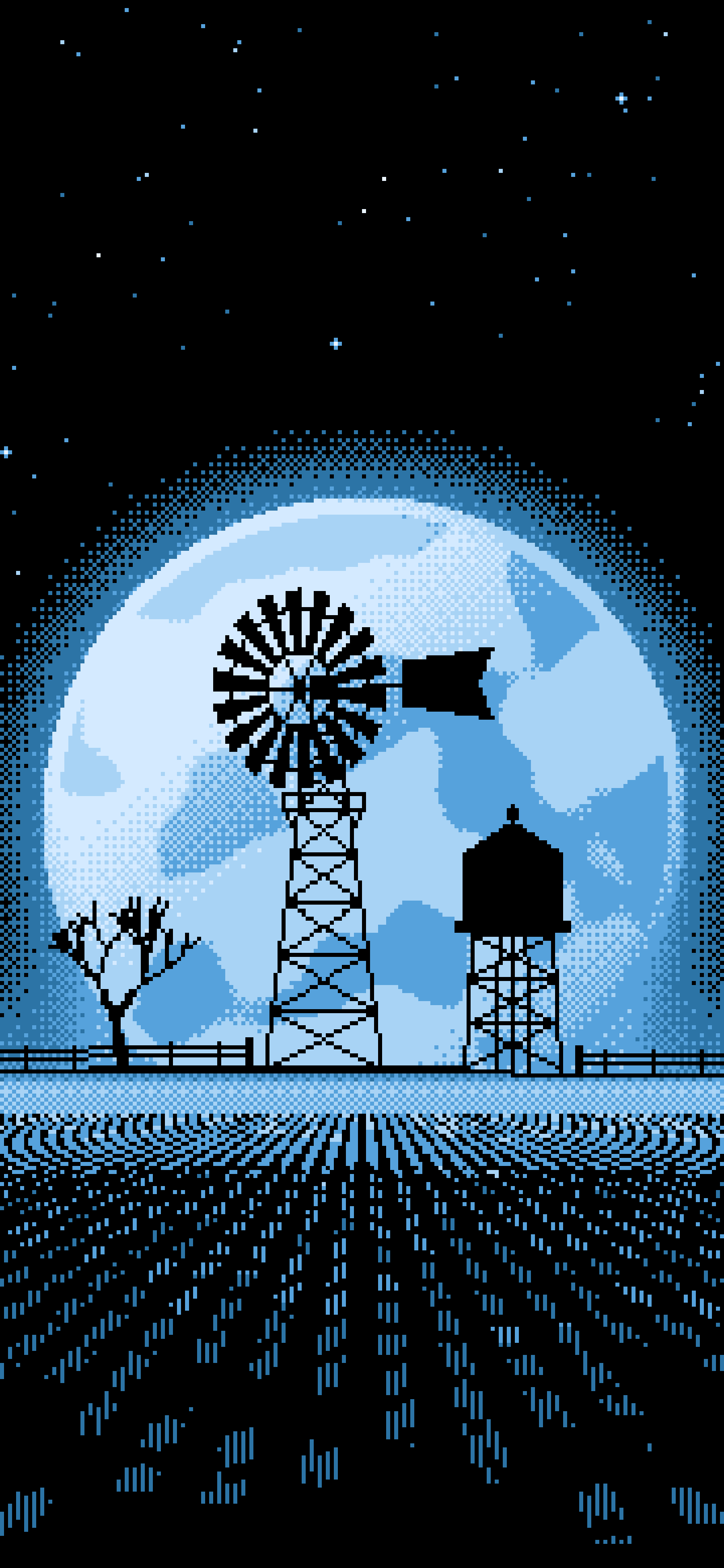 Light Blue Pixel Art Farm Windmill and Harvest Moon wallpaper for iPhone and Android