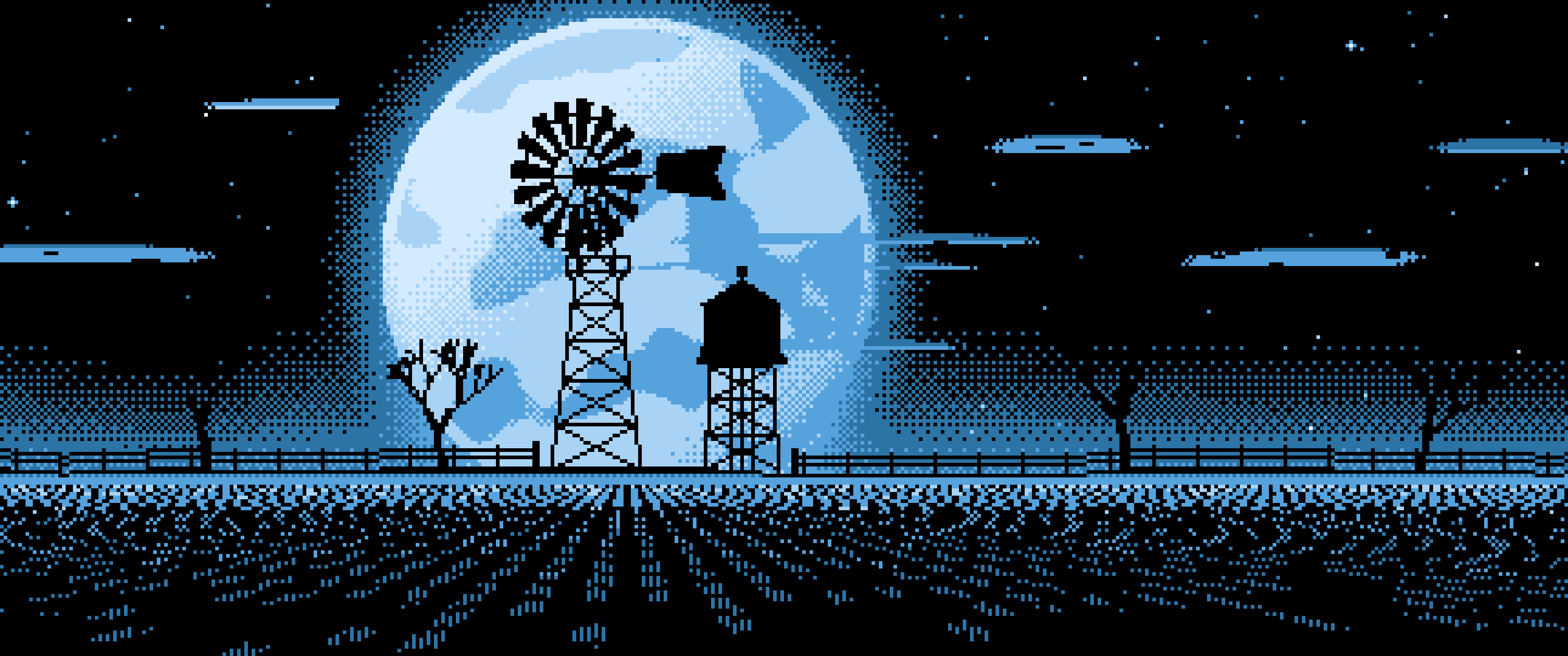 Light Blue Pixel Art Farm Windmill and Harvest Moon ultrawide wallpaper, 3440 × 1440