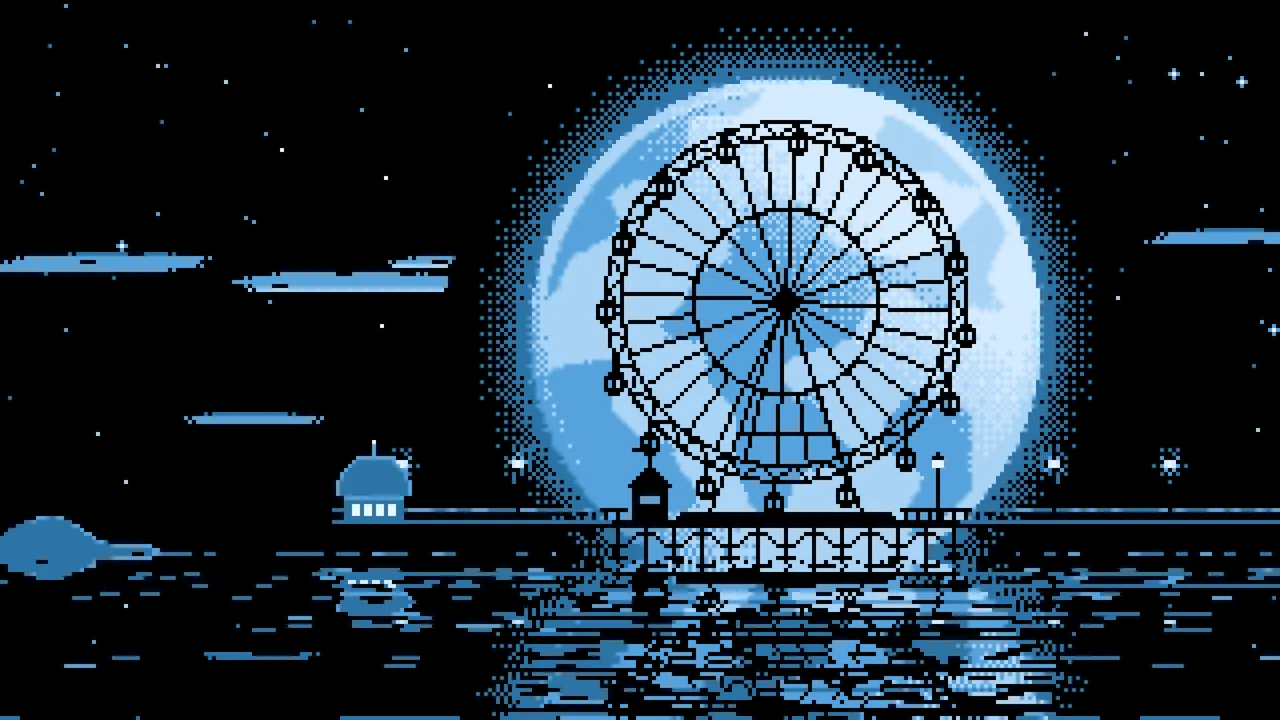 Light Blue Pixel Art Ferris Wheel and Full Moon desktop wallpaper in 4K