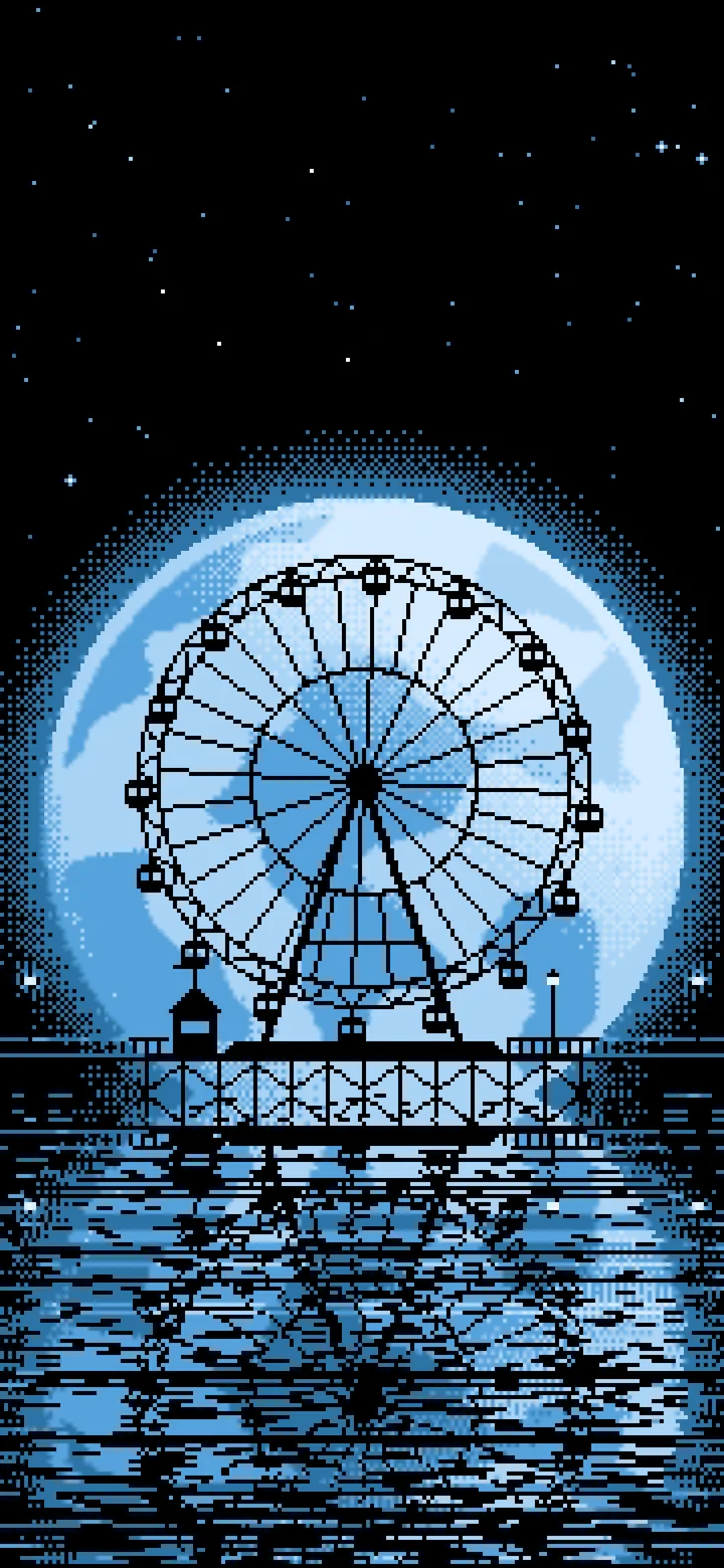 Light Blue Pixel Art Ferris Wheel and Full Moon wallpaper for iPhone and Android