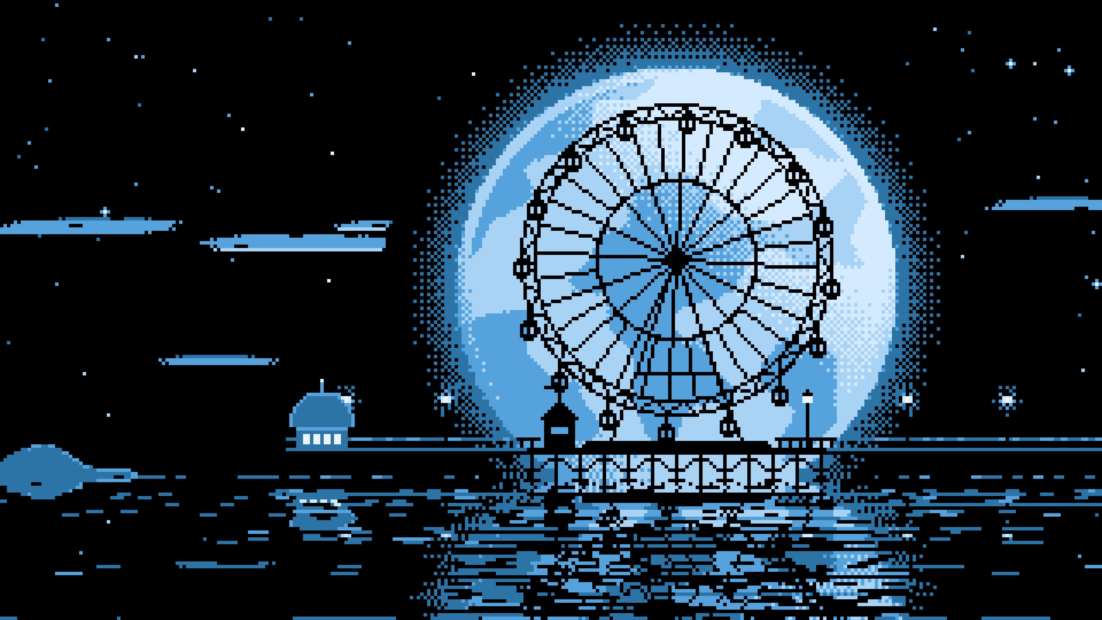 Light Blue Pixel Art Ferris Wheel and Full Moon desktop wallpaper in 4K