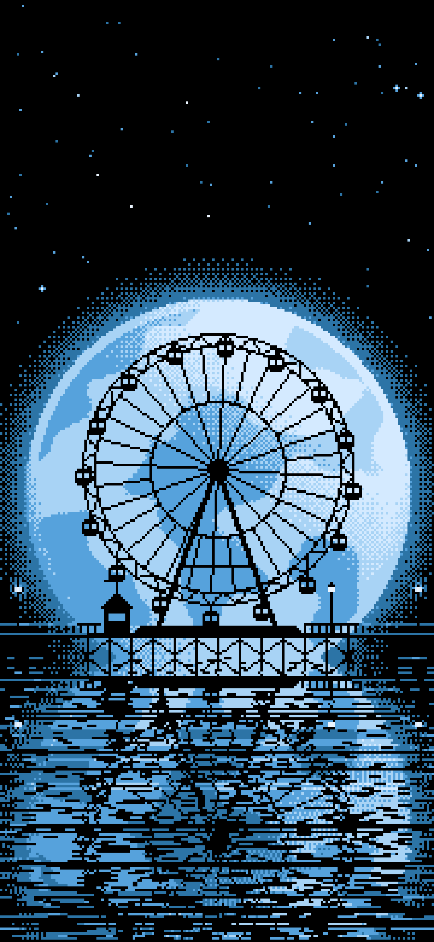 Light Blue Pixel Art Ferris Wheel and Full Moon wallpaper for iPhone and Android