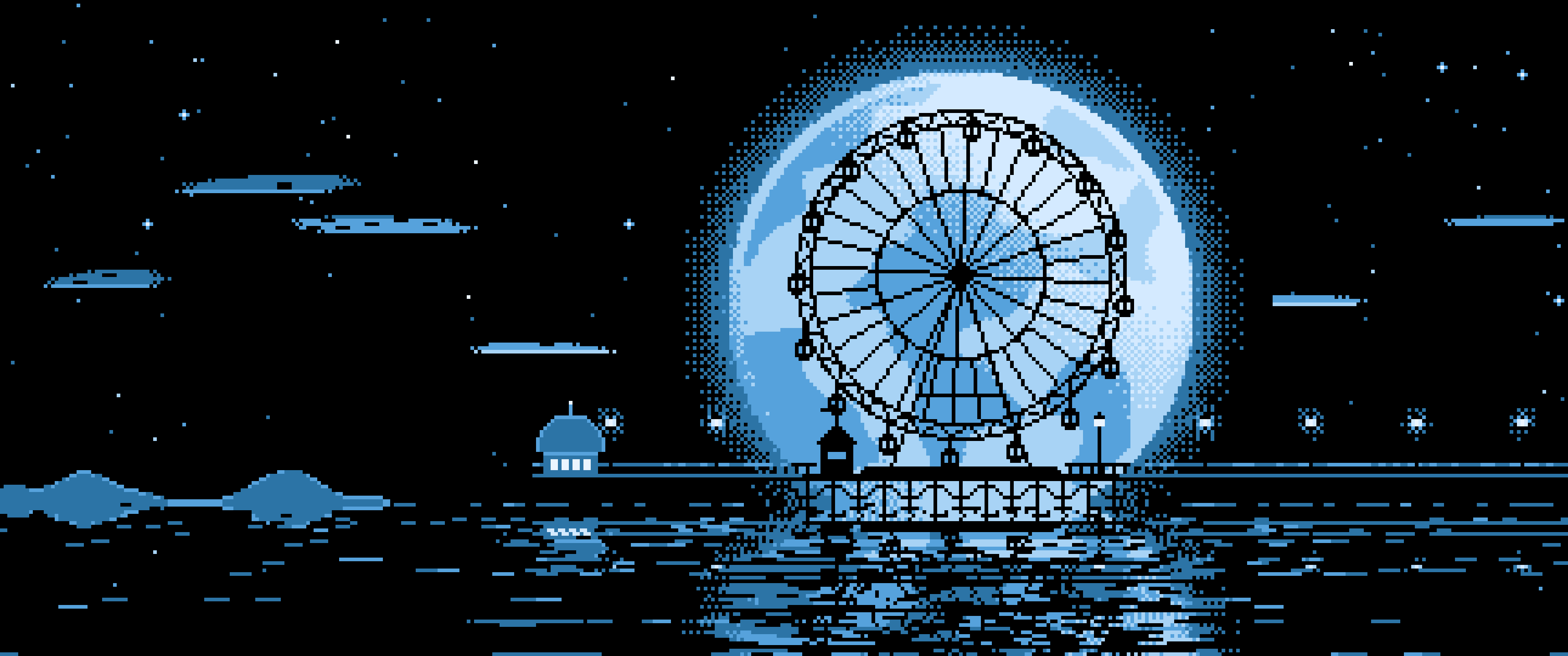 Light Blue Pixel Art Ferris Wheel and Full Moon ultrawide wallpaper, 3440 × 1440