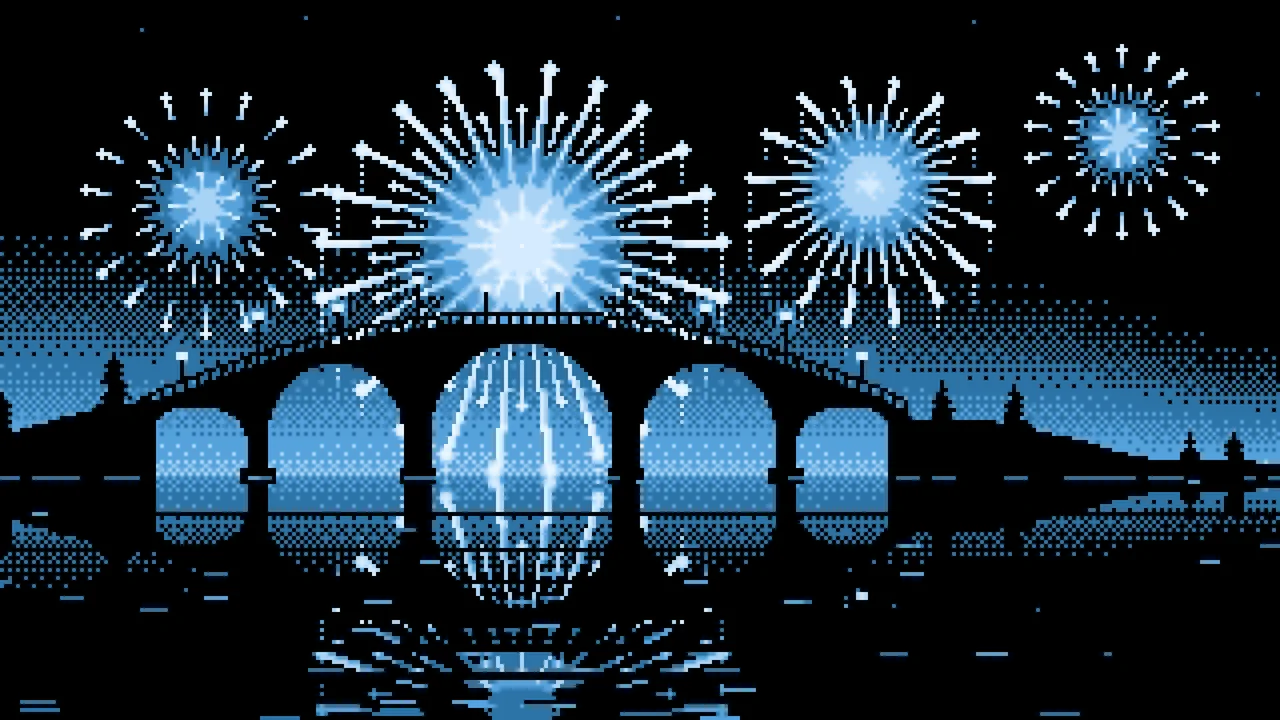 Light Blue Pixel Art Fireworks and Bridge desktop wallpaper in 4K