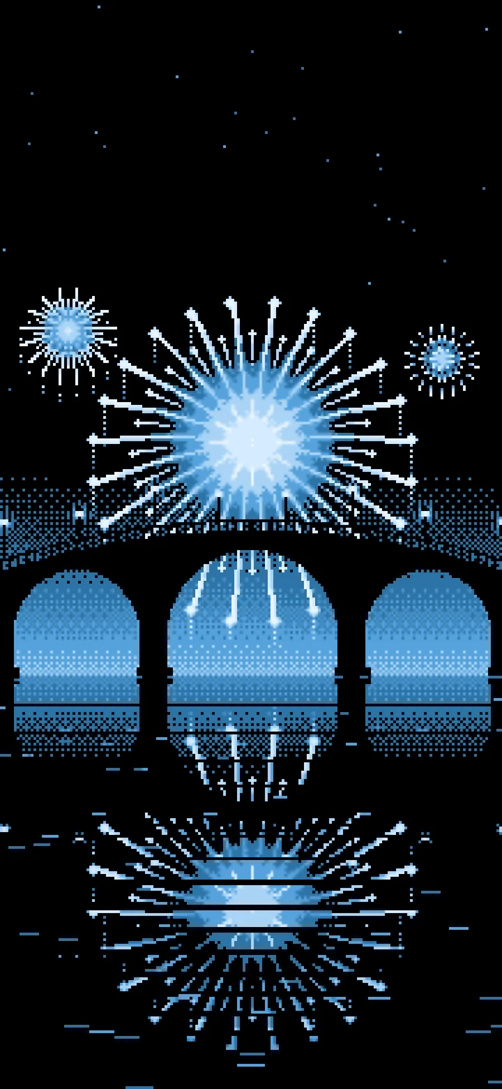 Light Blue Pixel Art Fireworks and Bridge wallpaper for iPhone and Android