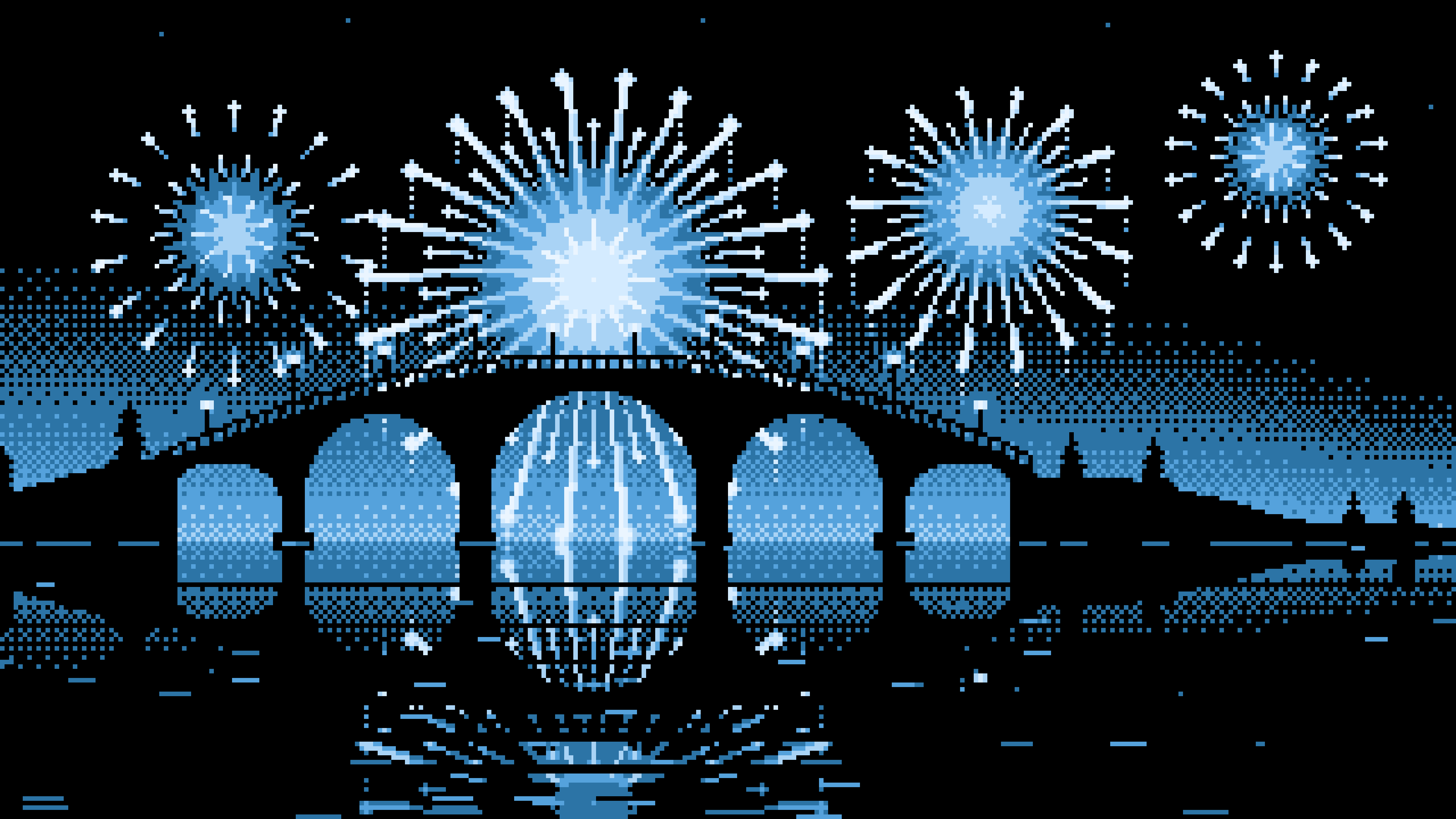 Light Blue Pixel Art Fireworks and Bridge desktop wallpaper in 4K