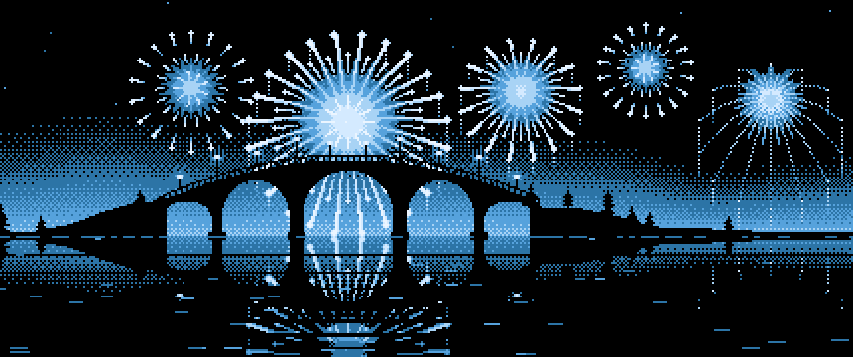 Light Blue Pixel Art Fireworks and Bridge ultrawide wallpaper, 3440 × 1440