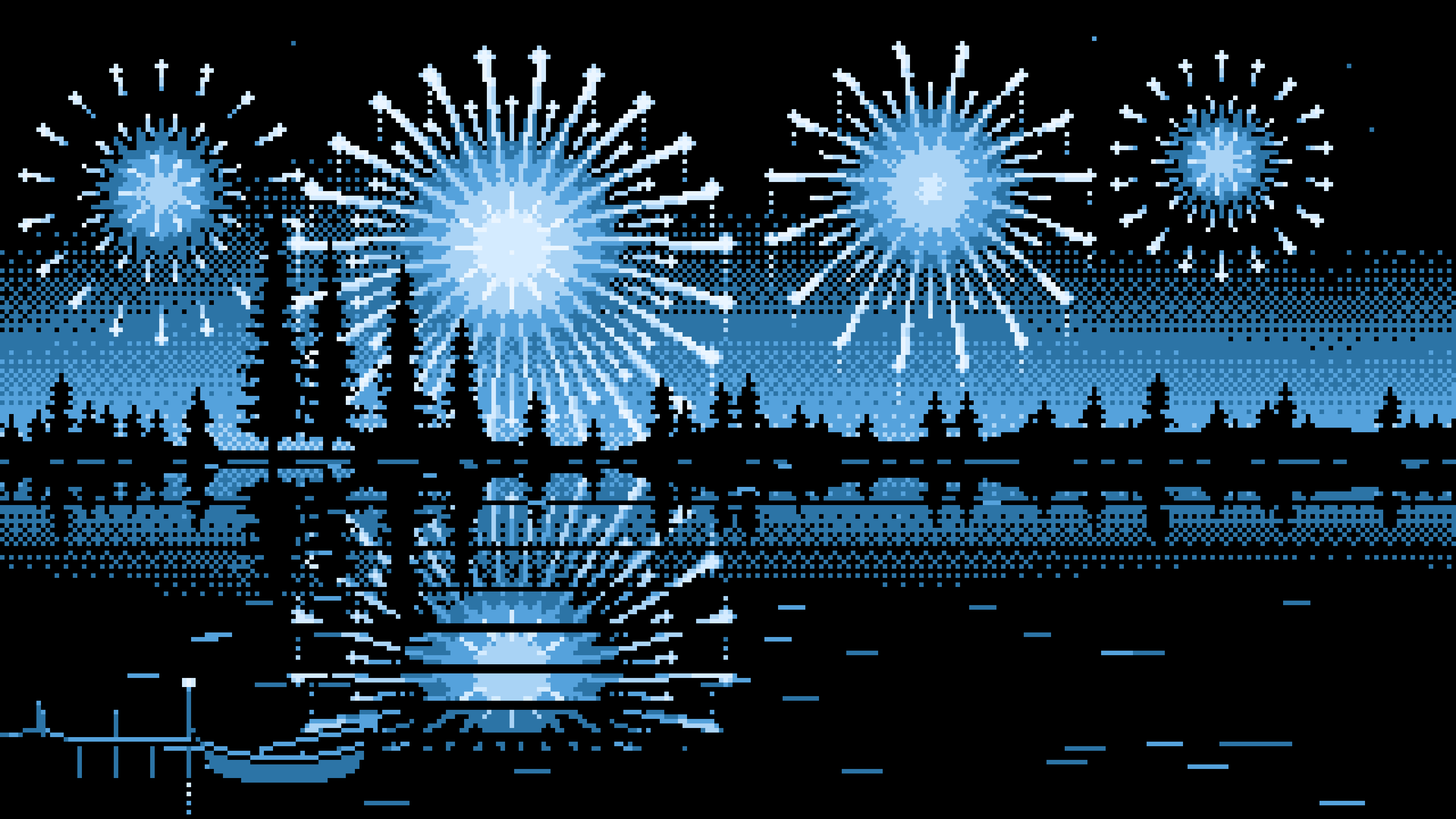 Light Blue Pixel Art Fireworks and Lake desktop wallpaper in 4K