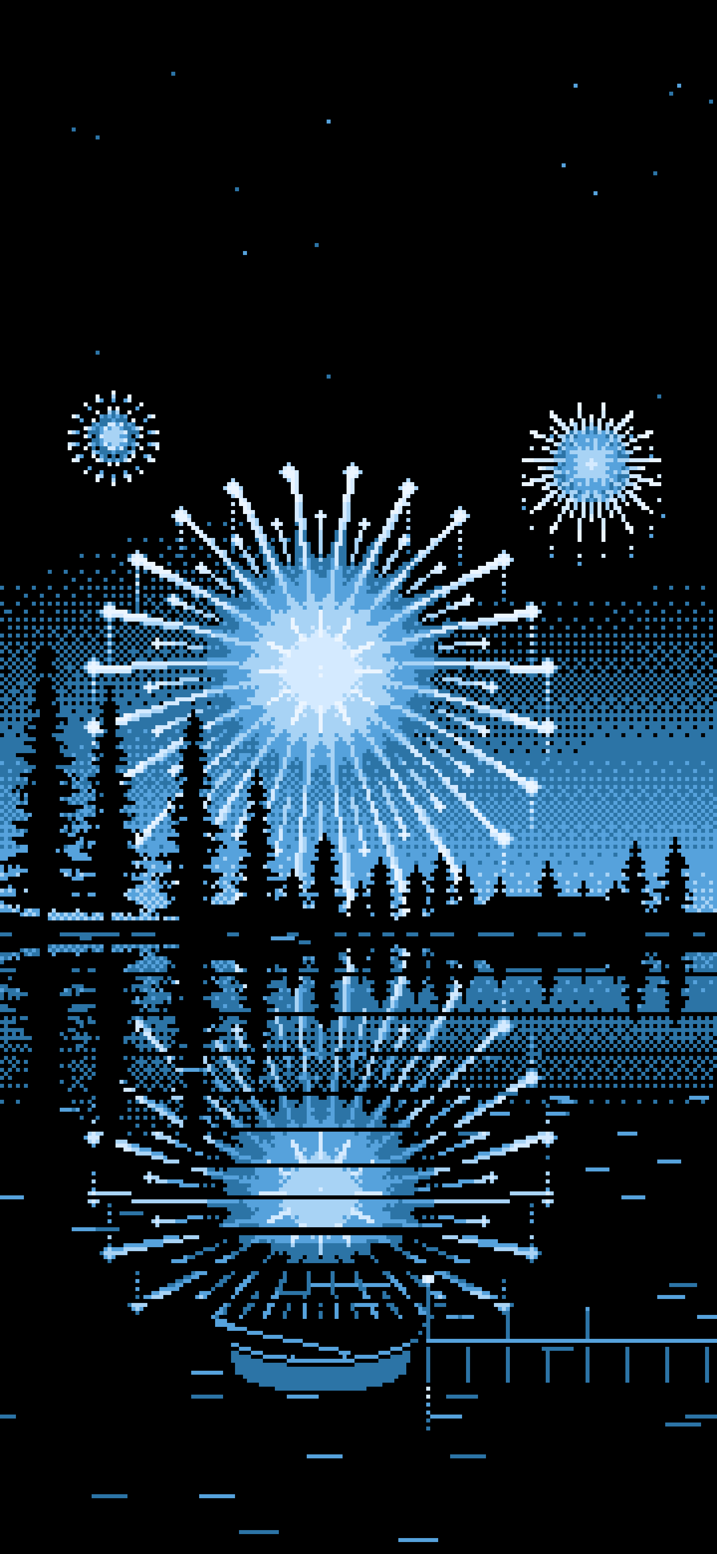 Light Blue Pixel Art Fireworks and Lake wallpaper for iPhone and Android