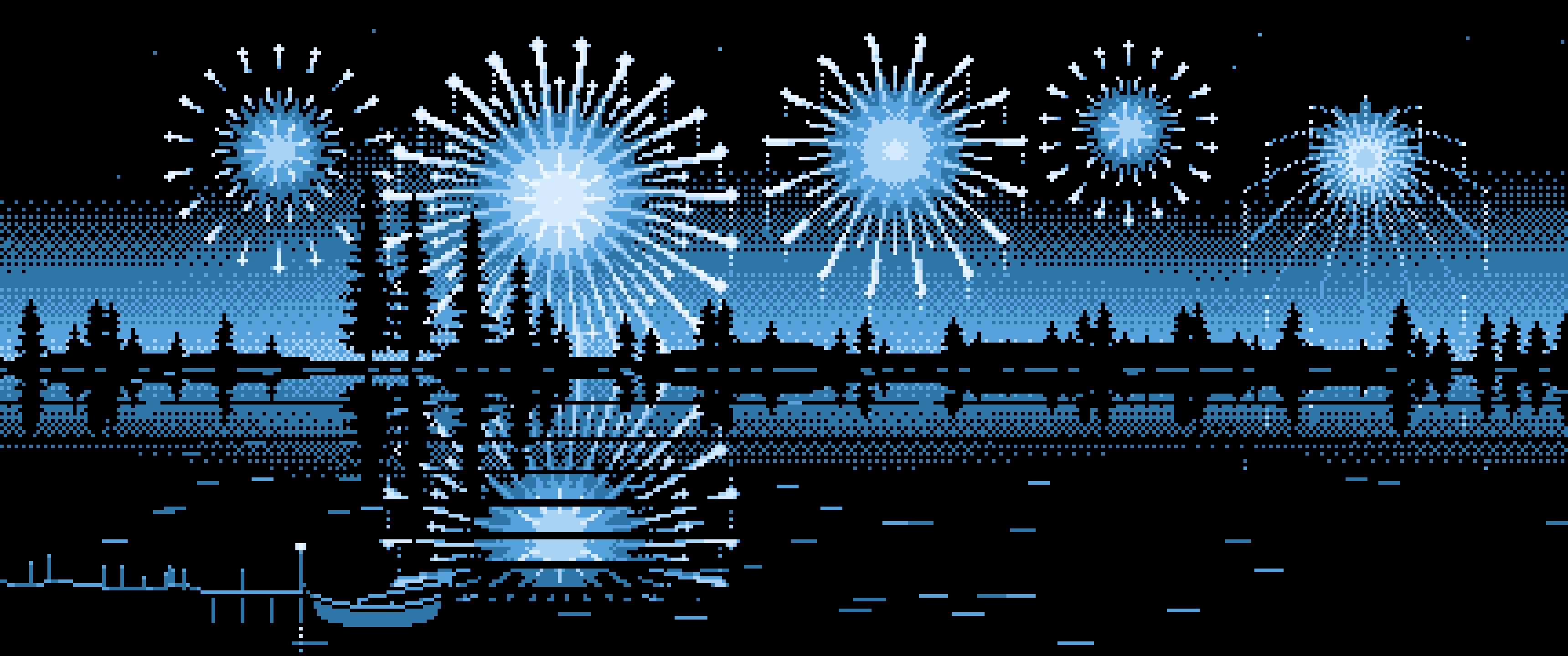 Light Blue Pixel Art Fireworks and Lake ultrawide wallpaper, 3440 × 1440