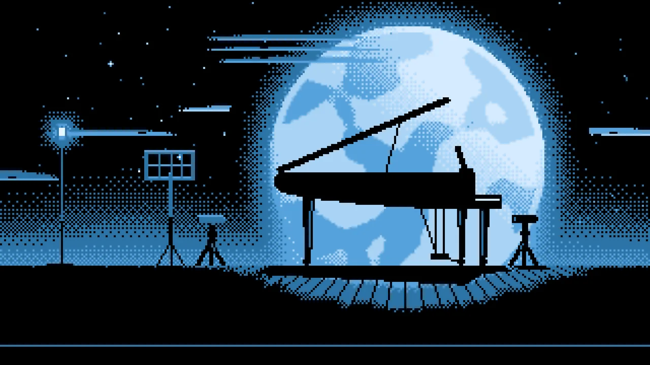 Light Blue Pixel Art Grand Piano Silhouette desktop wallpaper in 4K