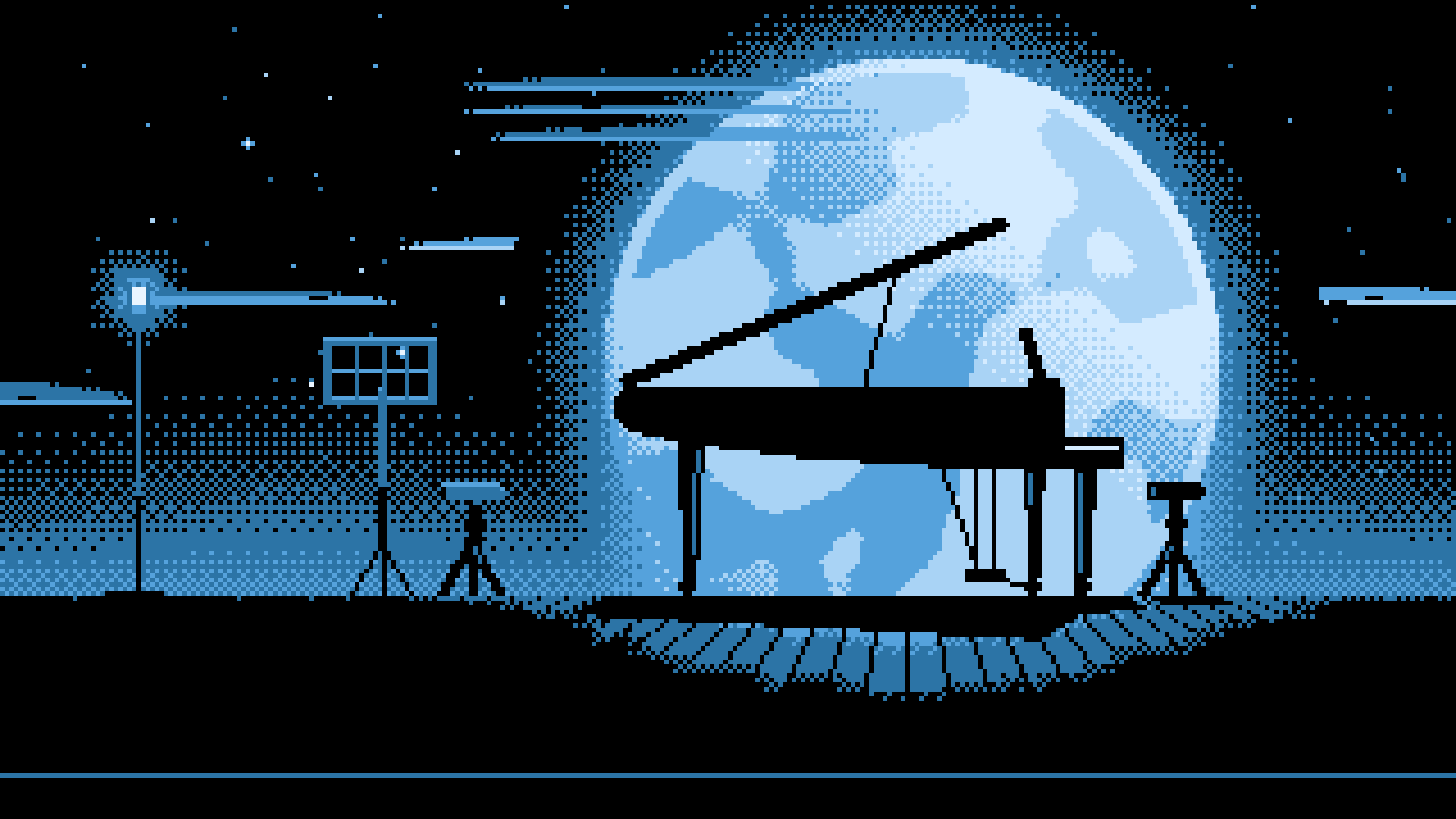 Light Blue Pixel Art Grand Piano Silhouette desktop wallpaper in 4K