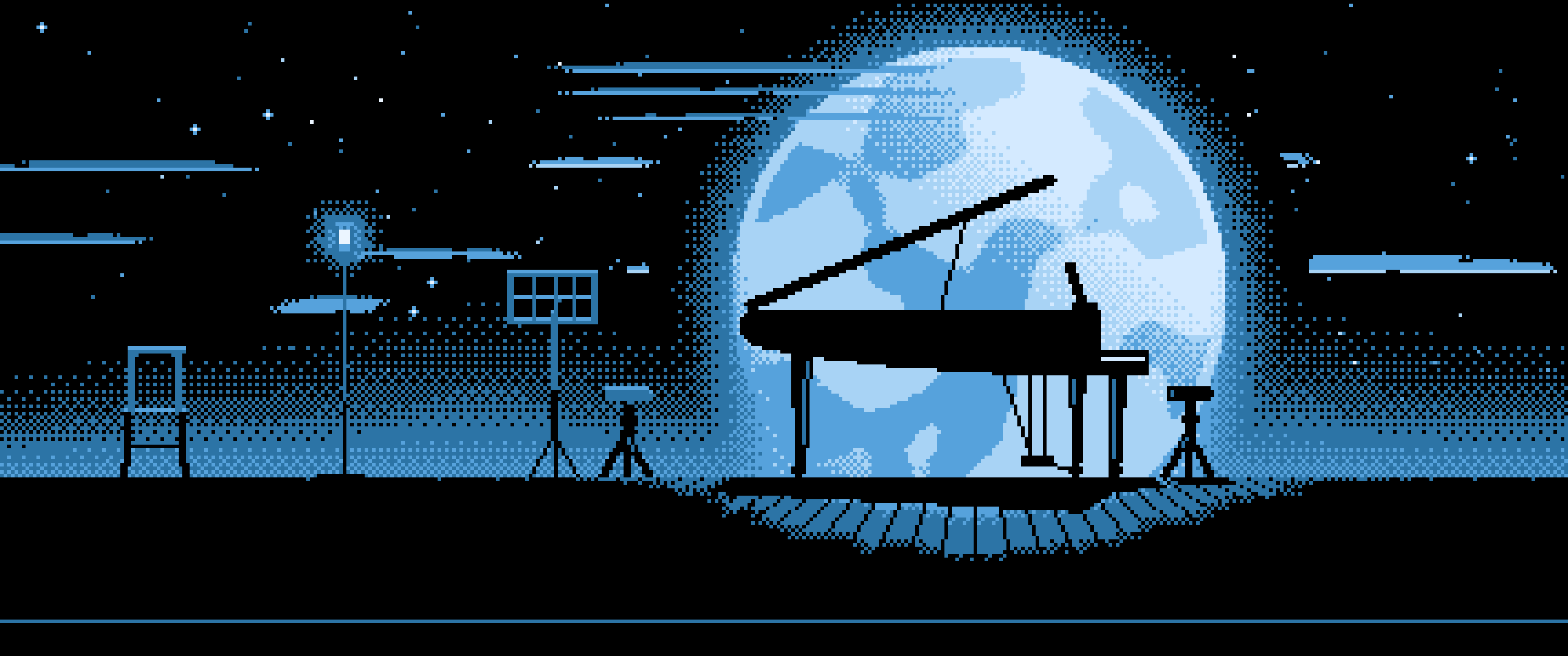 Light Blue Pixel Art Grand Piano Silhouette ultrawide wallpaper, 3440 × 1440