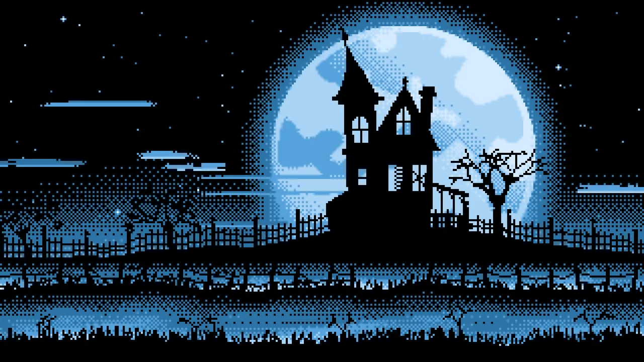 Light Blue Pixel Art Haunted House and Full Moon desktop wallpaper in 4K