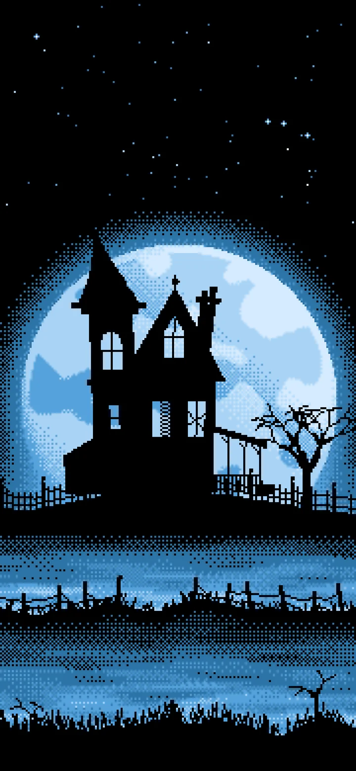 Light Blue Pixel Art Haunted House and Full Moon wallpaper for iPhone and Android
