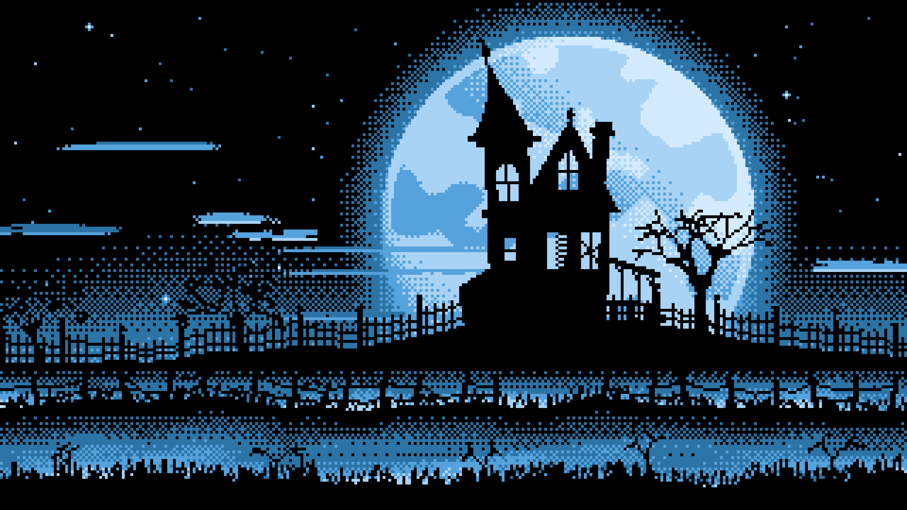 Light Blue Pixel Art Haunted House and Full Moon desktop wallpaper in 4K