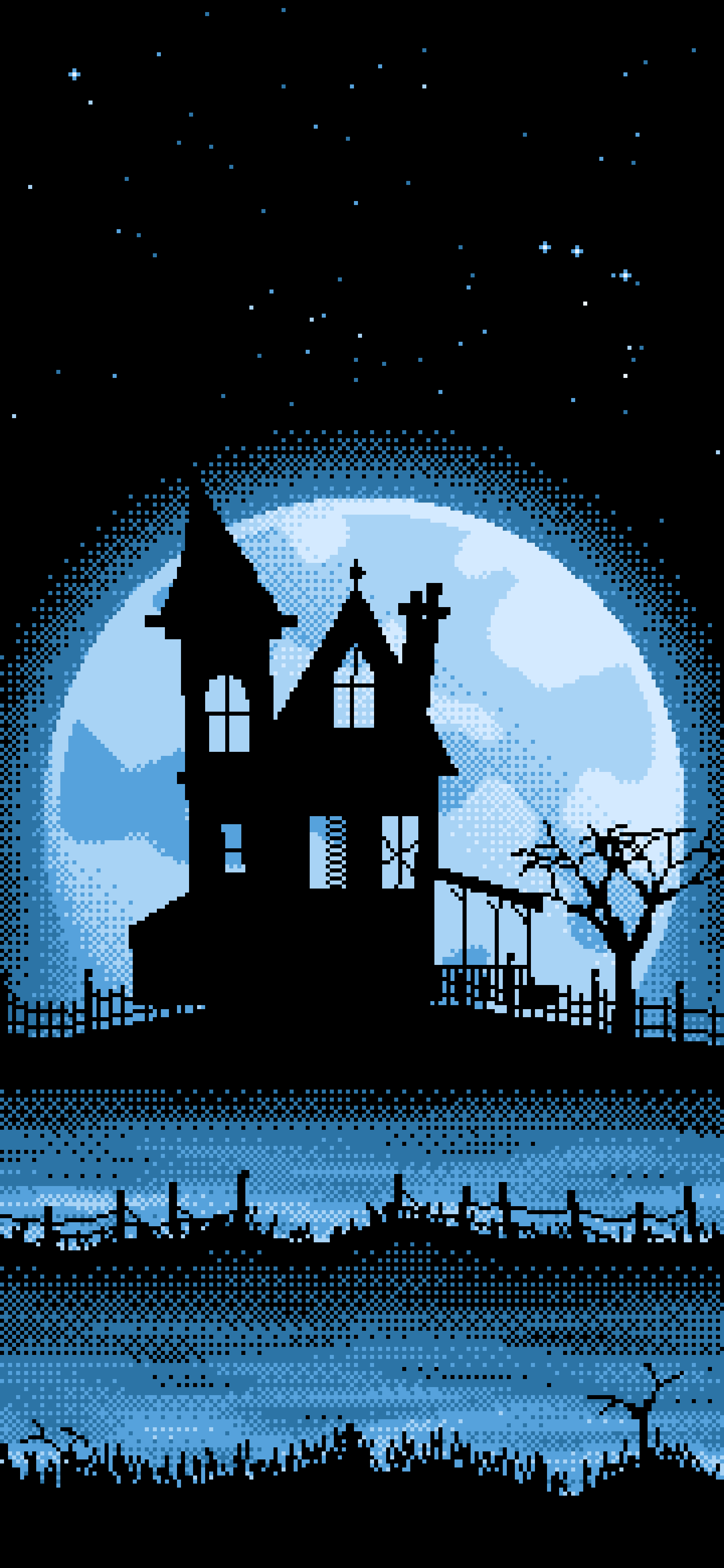 Light Blue Pixel Art Haunted House and Full Moon wallpaper for iPhone and Android