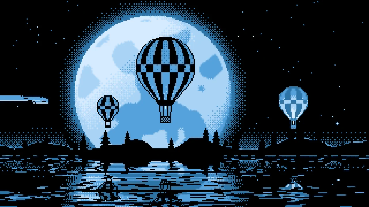 Light Blue Pixel Art Hot Air Balloons and Full Moon desktop wallpaper in 4K