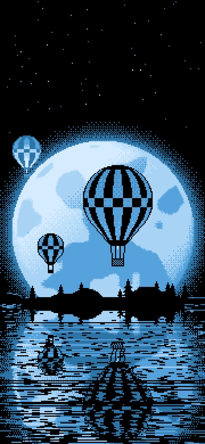 Light Blue Pixel Art Hot Air Balloons and Full Moon wallpaper for iPhone and Android