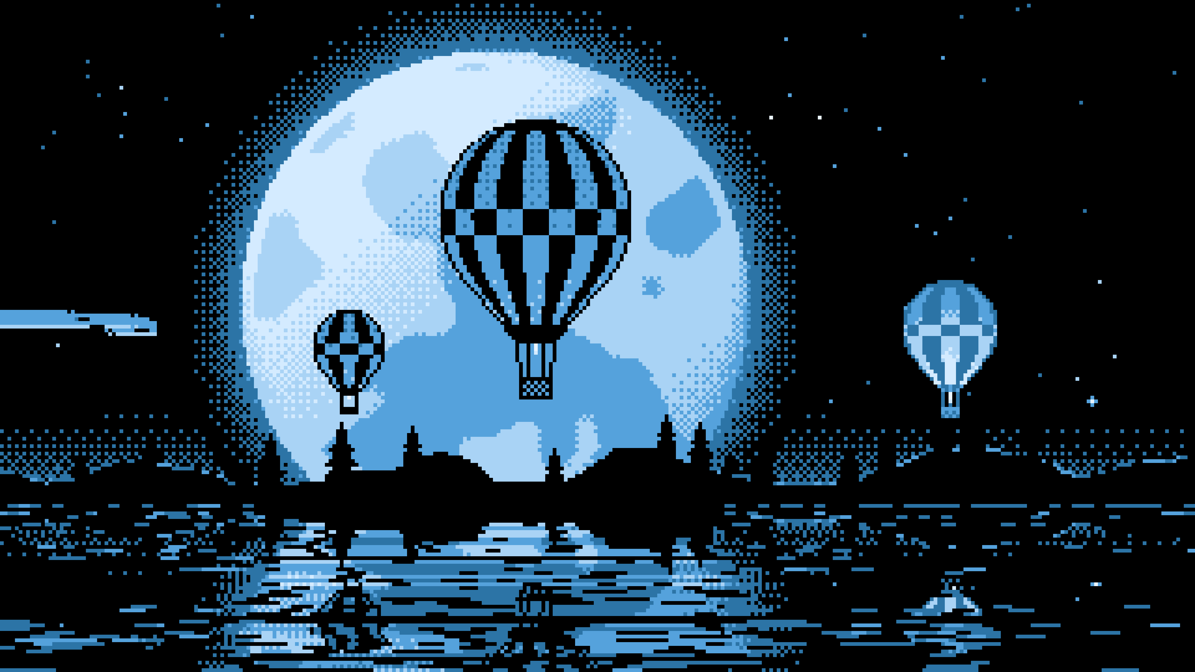 Light Blue Pixel Art Hot Air Balloons and Full Moon desktop wallpaper in 4K