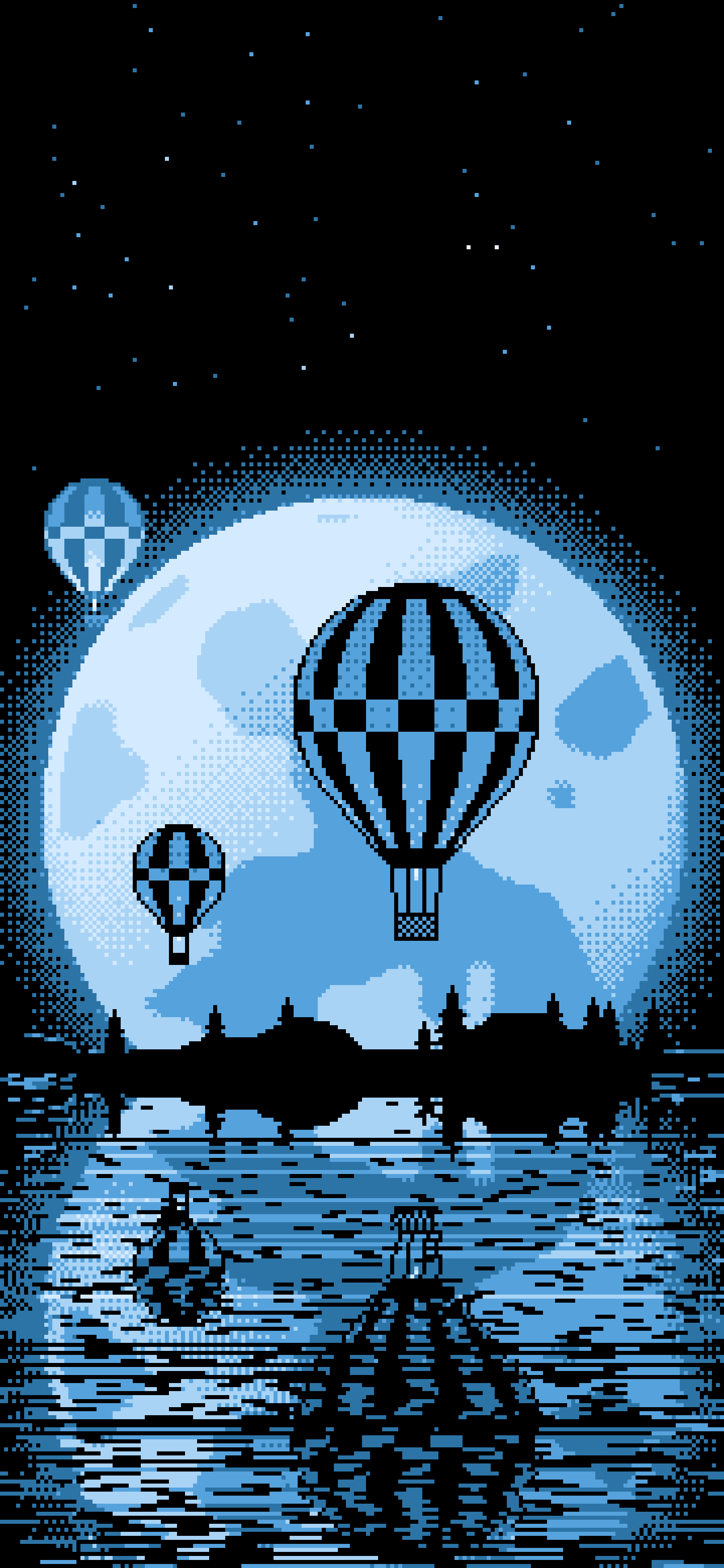 Light Blue Pixel Art Hot Air Balloons and Full Moon wallpaper for iPhone and Android