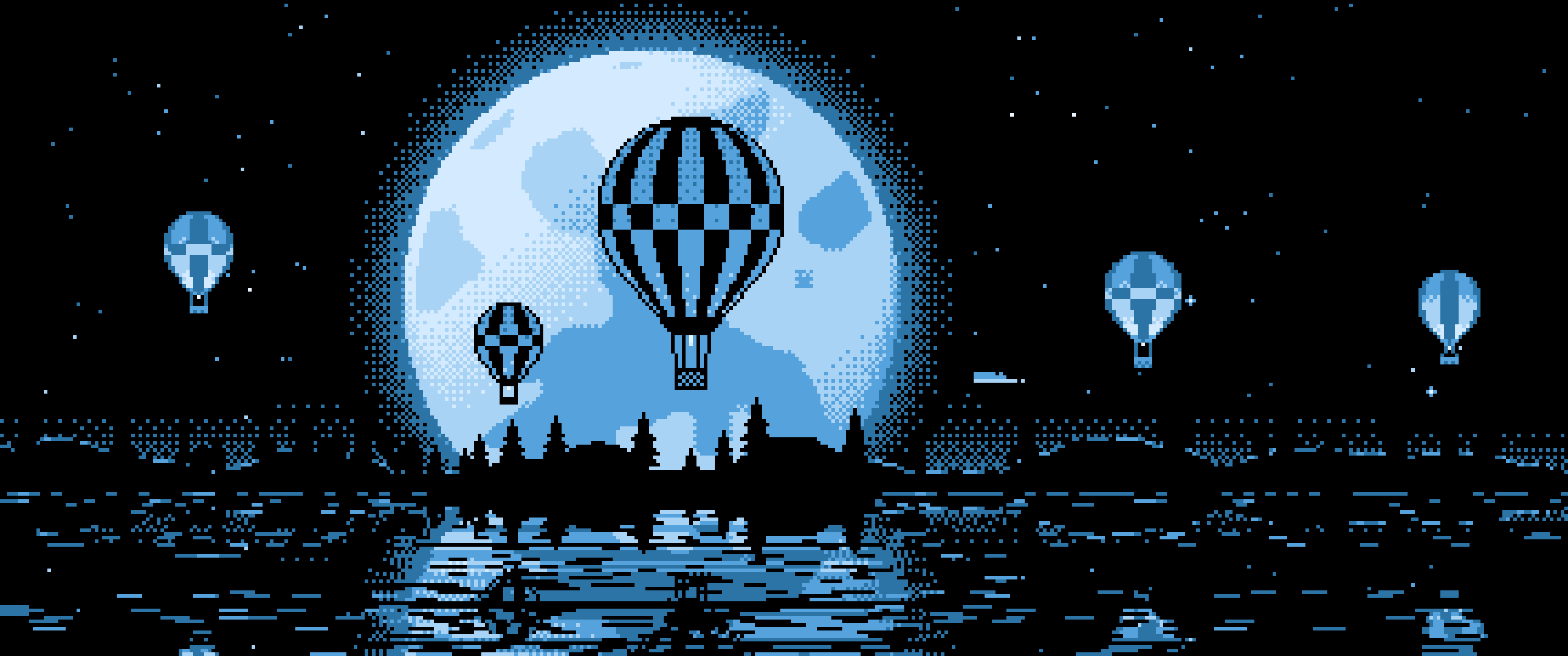 Light Blue Pixel Art Hot Air Balloons and Full Moon ultrawide wallpaper, 3440 × 1440