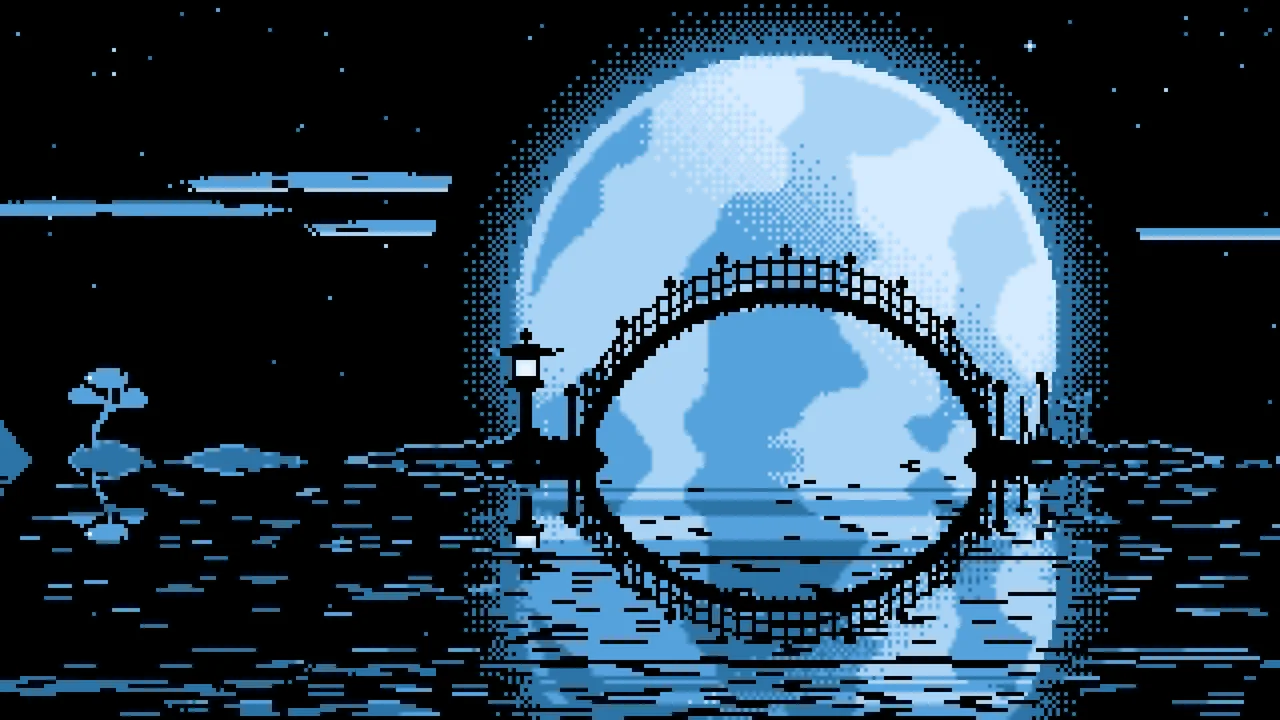 Light Blue Pixel Art Japanese Bridge and Full Moon desktop wallpaper in 4K