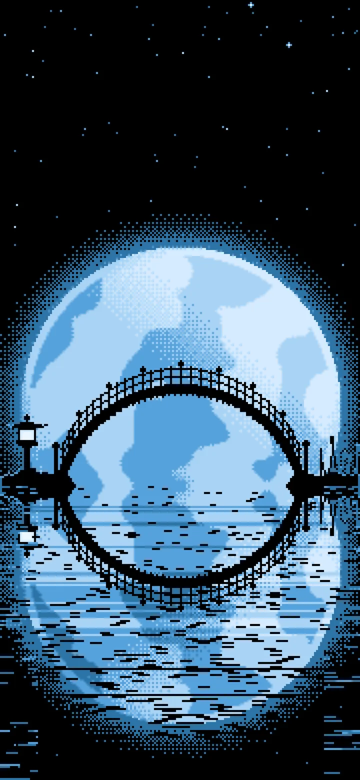 Light Blue Pixel Art Japanese Bridge and Full Moon wallpaper for iPhone and Android