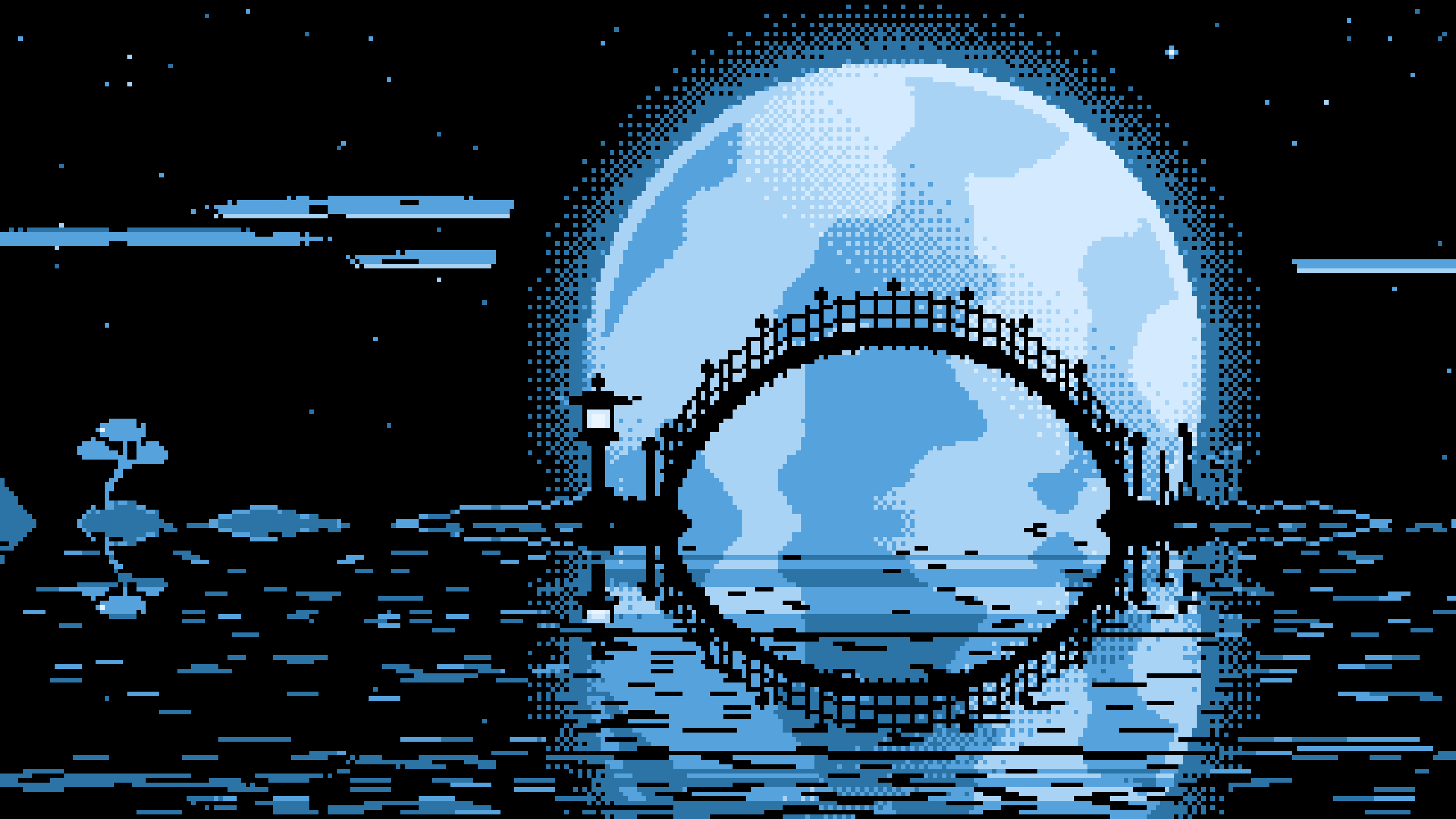 Light Blue Pixel Art Japanese Bridge and Full Moon desktop wallpaper in 4K