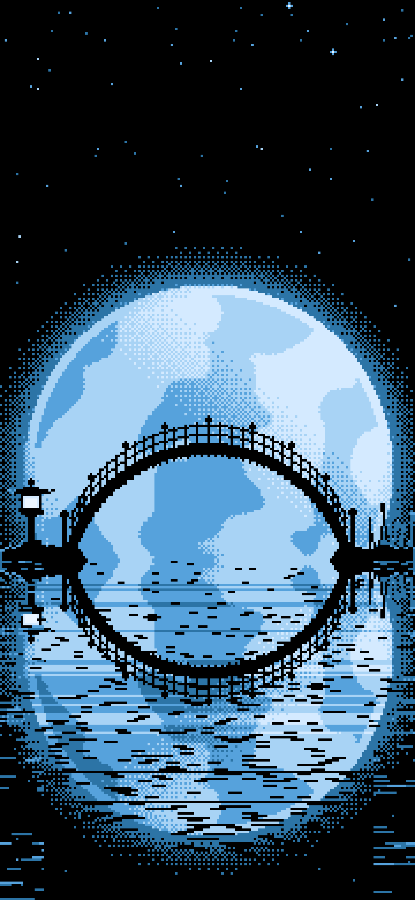 Light Blue Pixel Art Japanese Bridge and Full Moon wallpaper for iPhone and Android