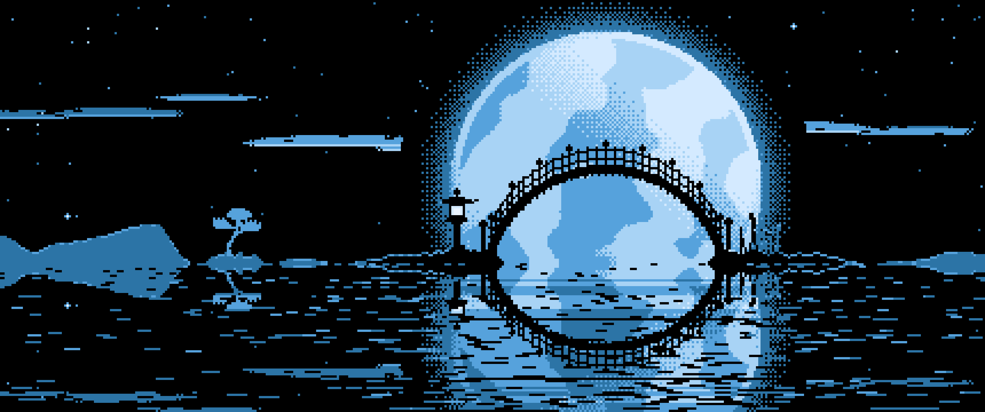 Light Blue Pixel Art Japanese Bridge and Full Moon ultrawide wallpaper, 3440 × 1440