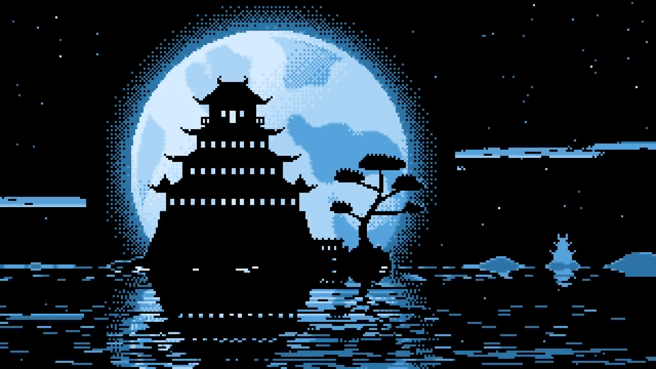Light Blue Pixel Art Japanese Castle and Full Moon desktop wallpaper in 4K