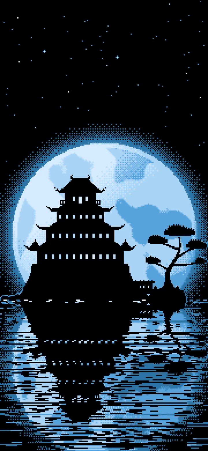 Light Blue Pixel Art Japanese Castle and Full Moon wallpaper for iPhone and Android