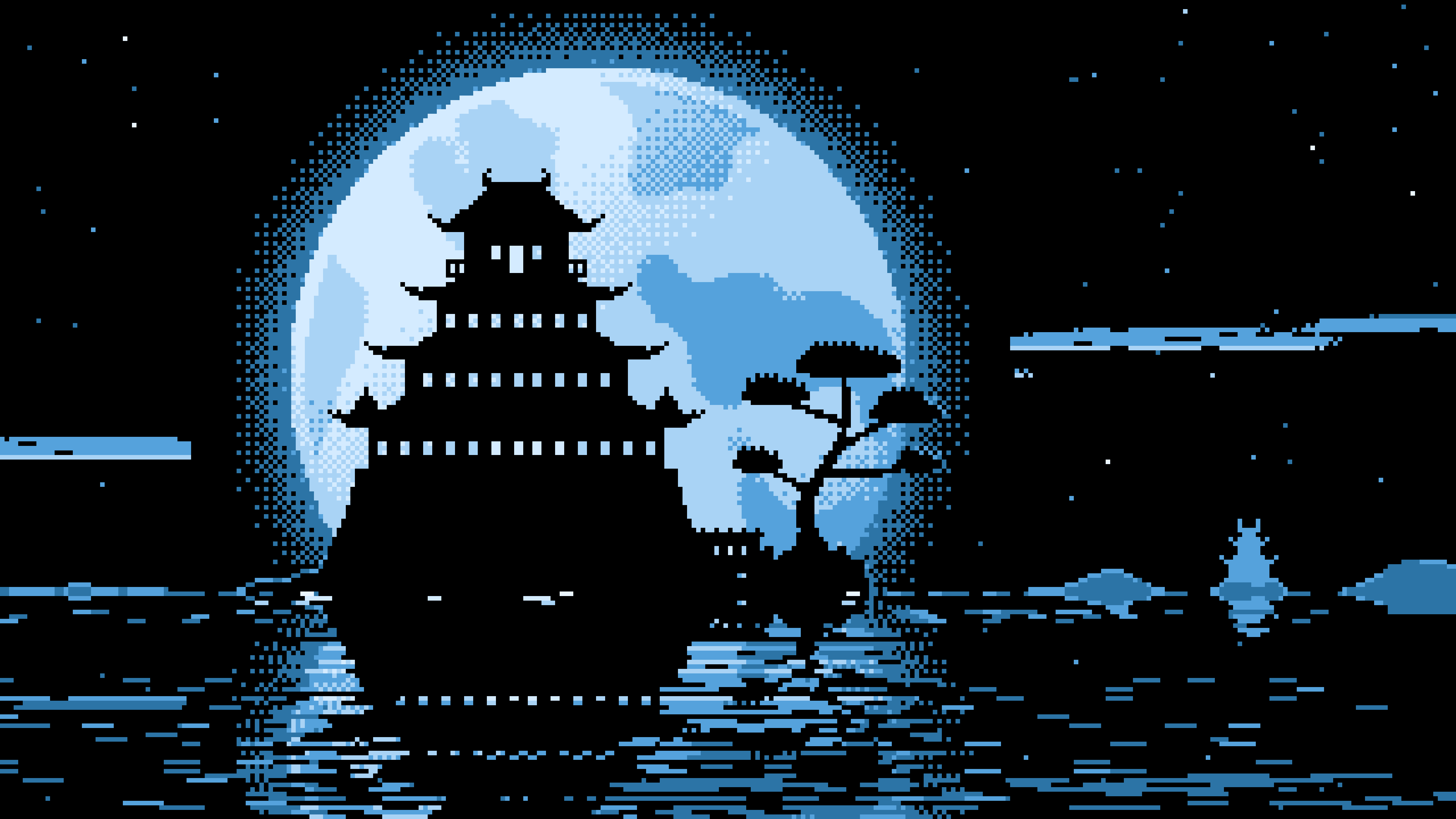 Light Blue Pixel Art Japanese Castle and Full Moon desktop wallpaper in 4K